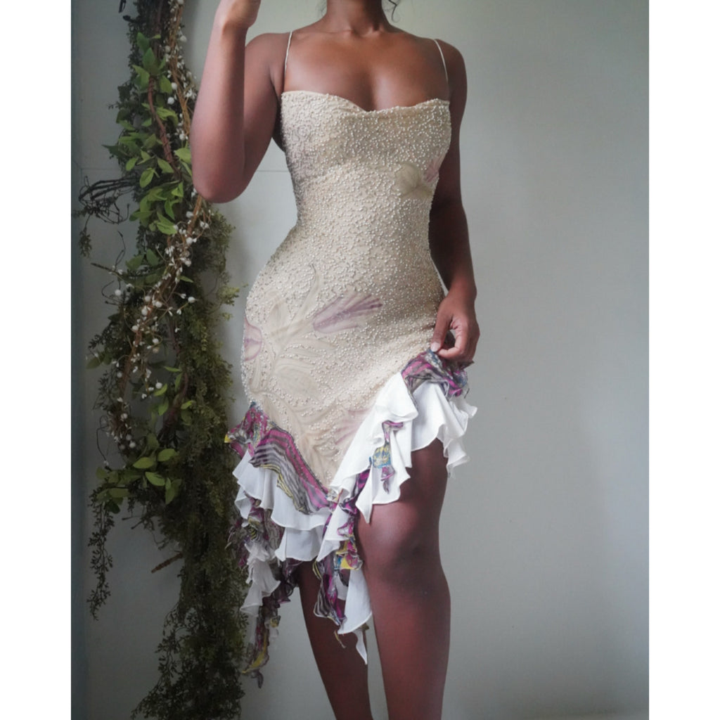 Tan Beaded Silk Fairy Asymmetric Dress