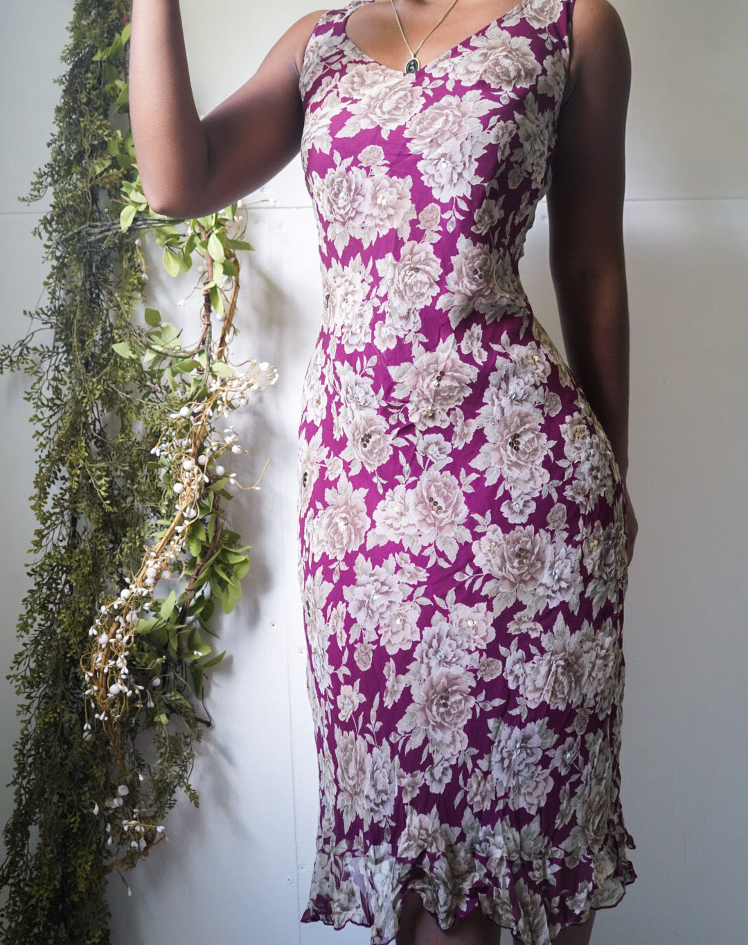 Wine Floral Silk Staple Dress