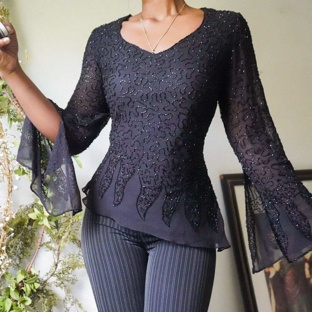 90’s Beaded Flare Sleeve Silk Top