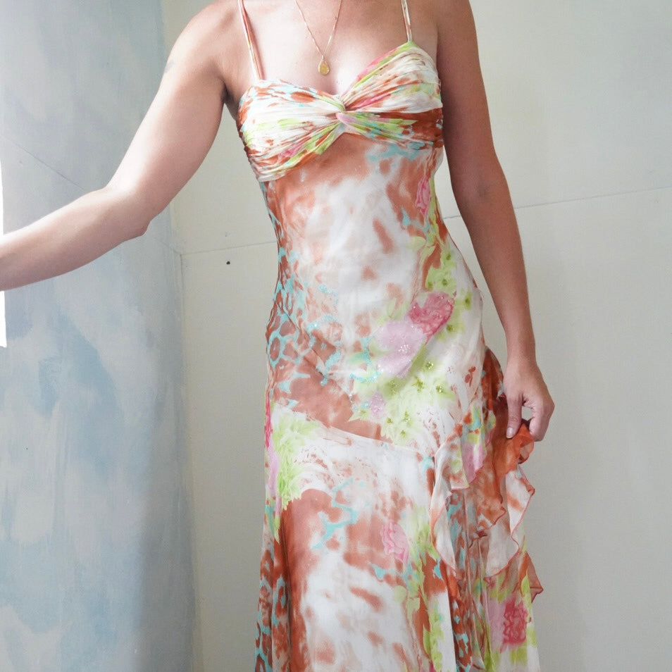 Rare Beaded Animal Print Watercolor Gown with Sash