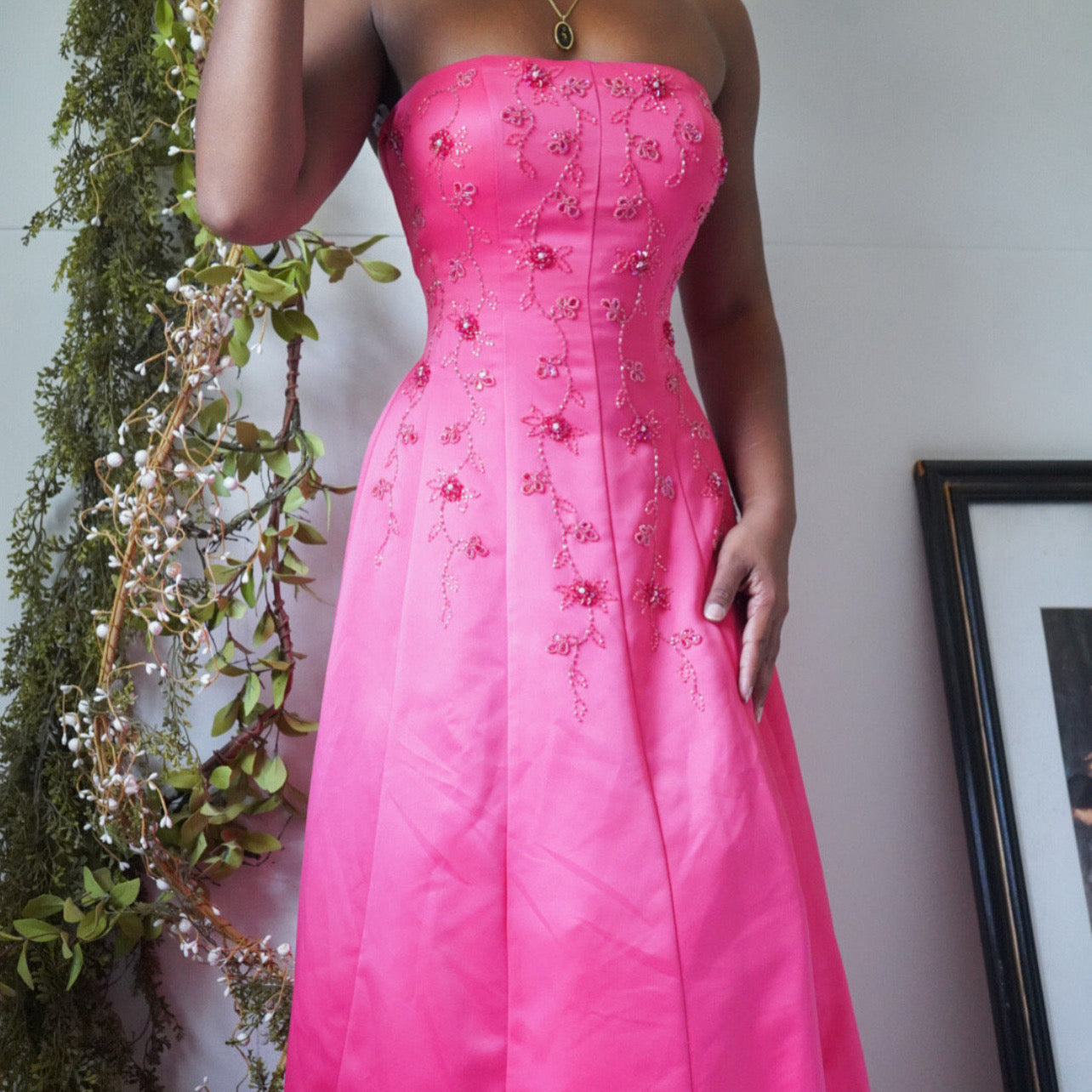Bright Coral Pink Beaded Detail Princess Gown