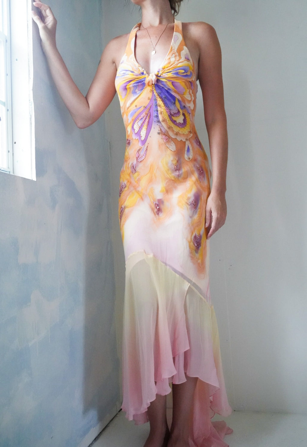 Watercolor Silk Butterfly Beaded Gown