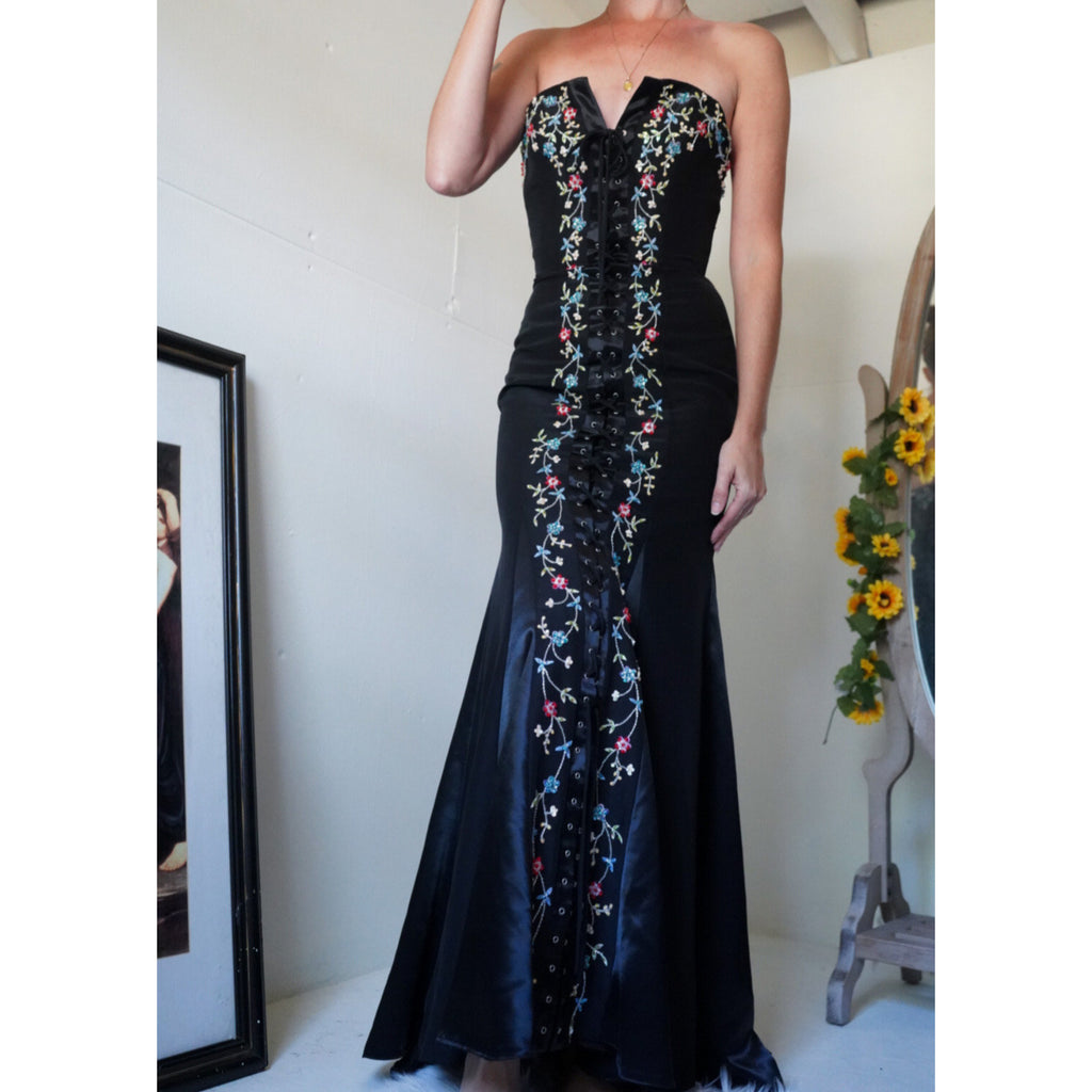 lace-up-front-strapless-beaded-detail-gown-image