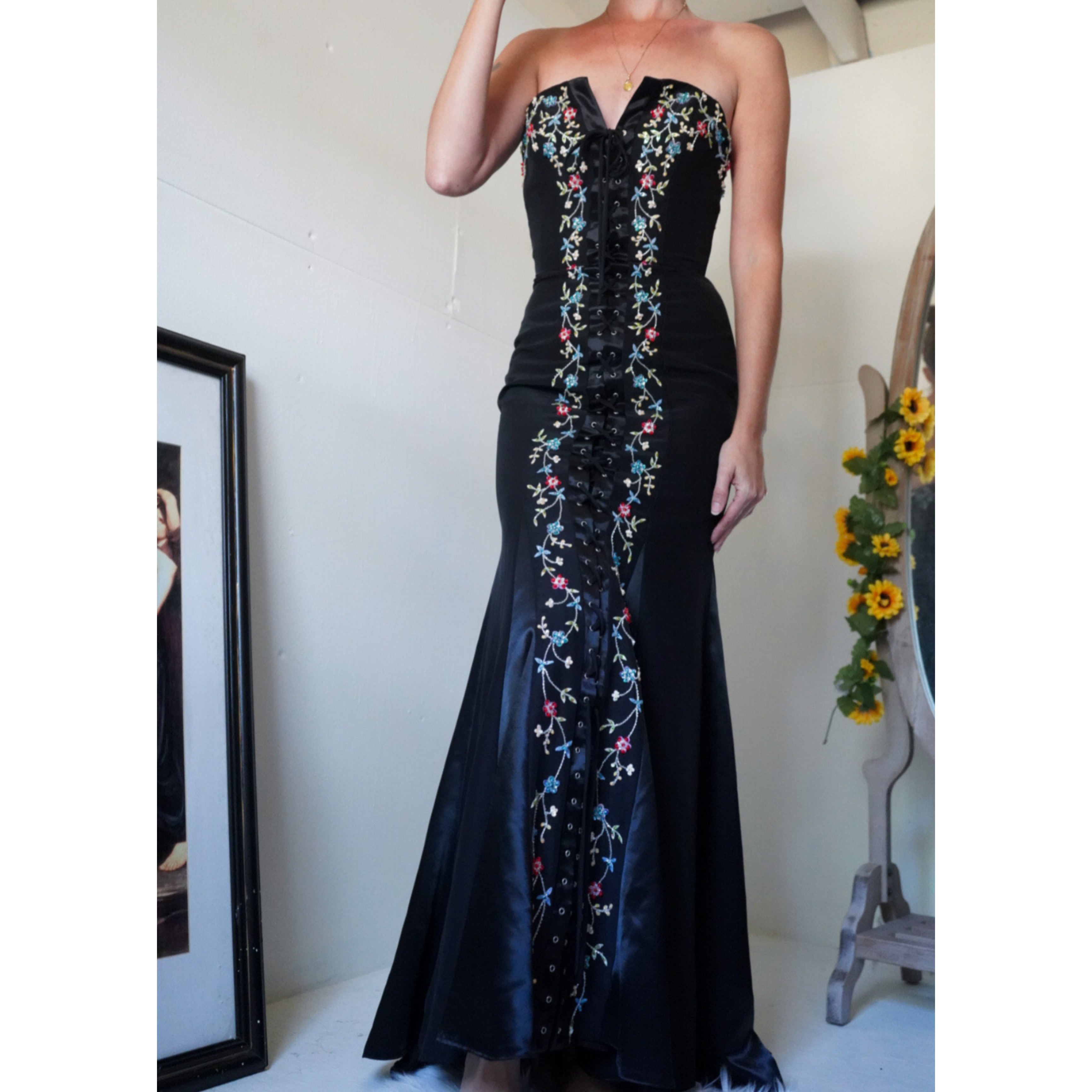 lace-up-front-strapless-beaded-detail-gown-image
