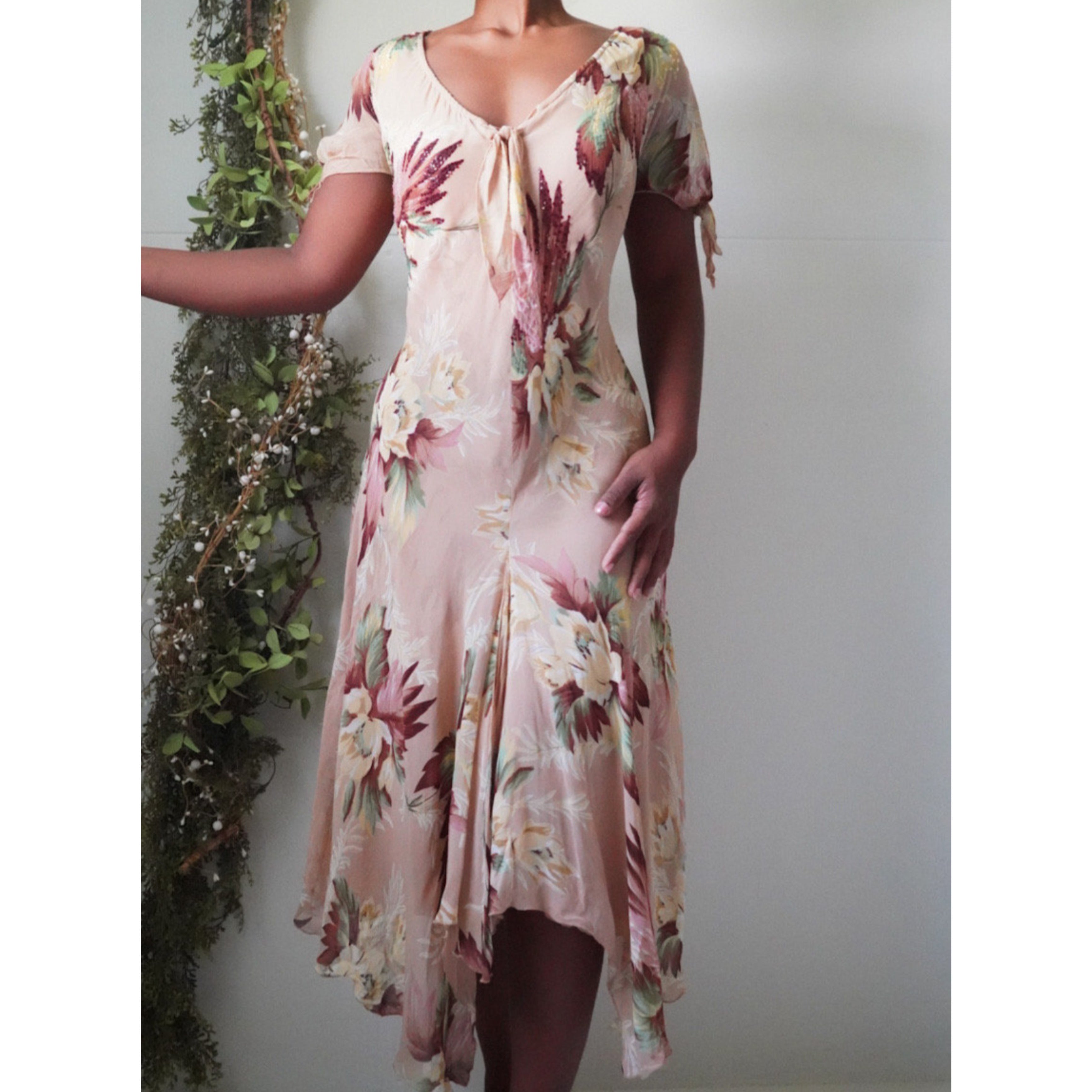 90’s Blush Romantic Floral Beaded Midi Dress