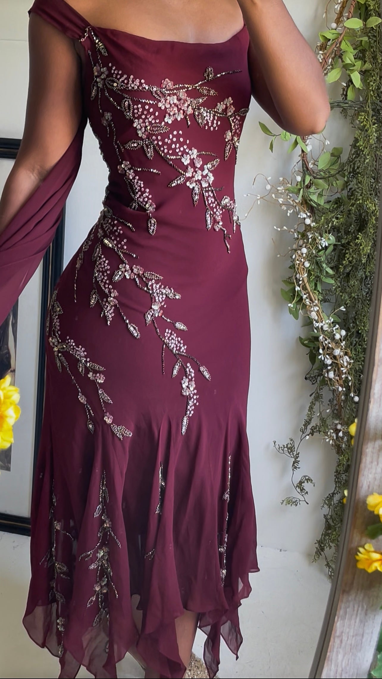 Y2K Beaded Wine Silk Dress