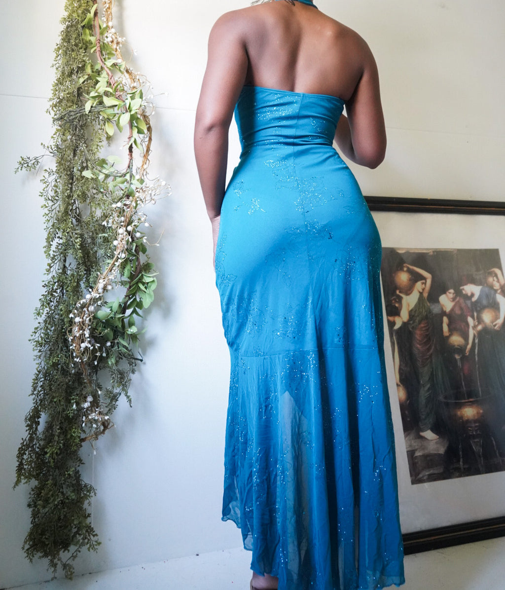 Teal Glitter Floral High Low Halter Dress