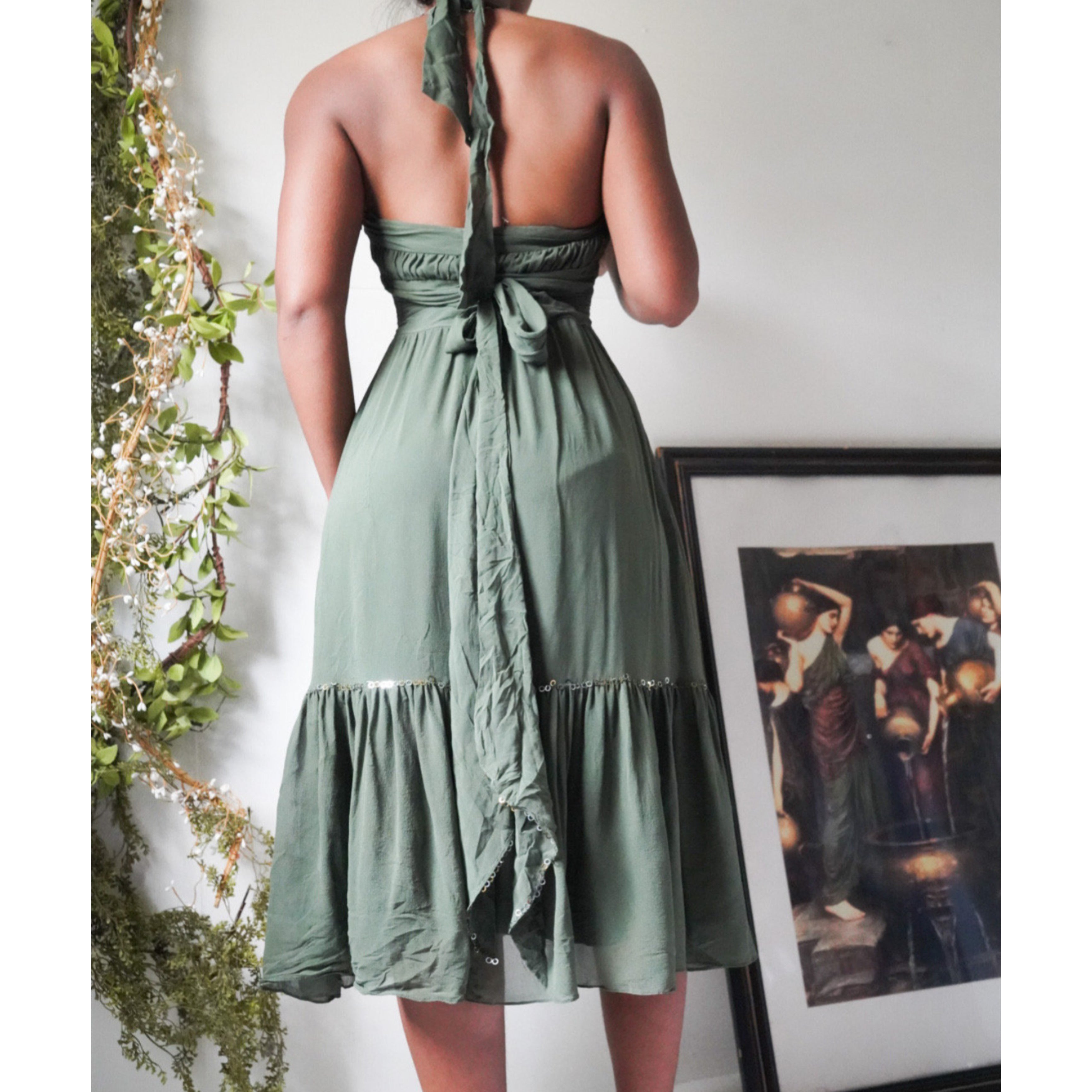 Olive Silk Halter Boho Dress