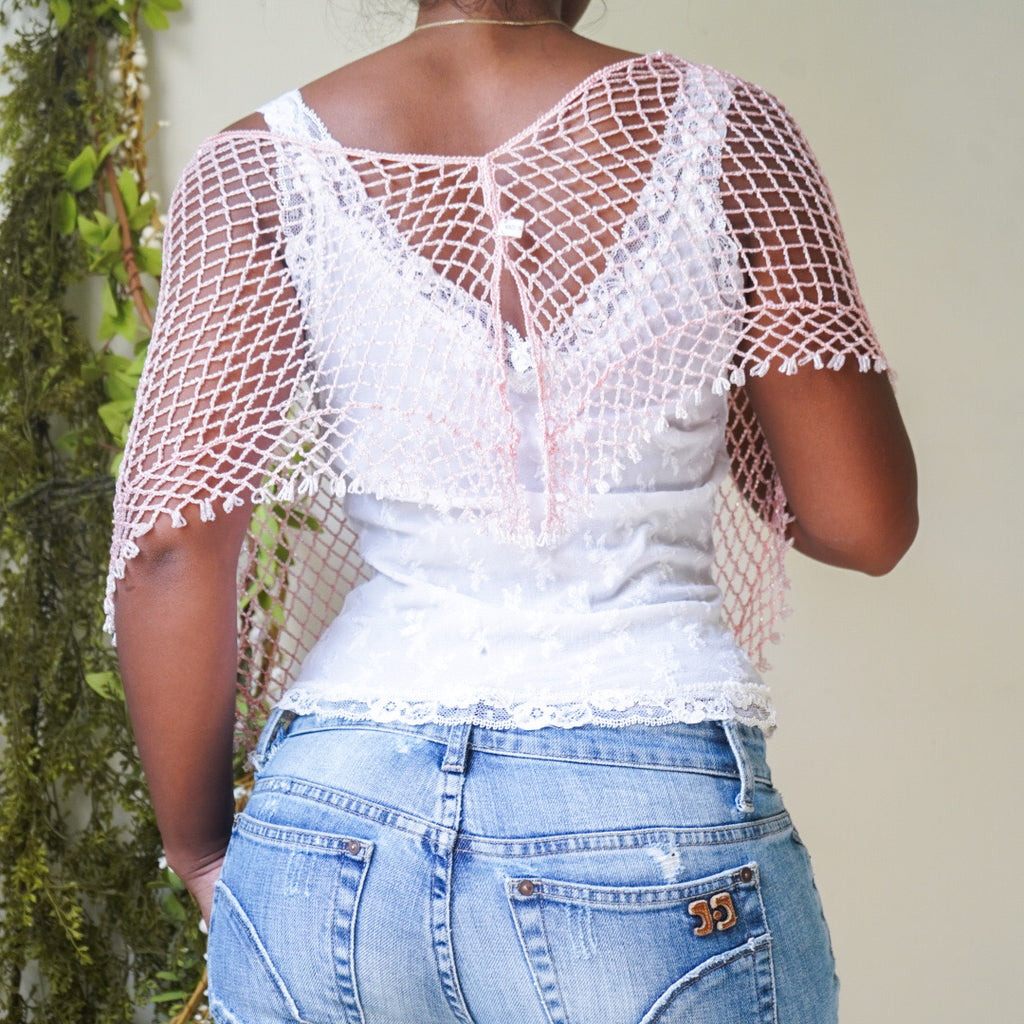 Rare Fully Beaded Baby Pink Crochet Poncho