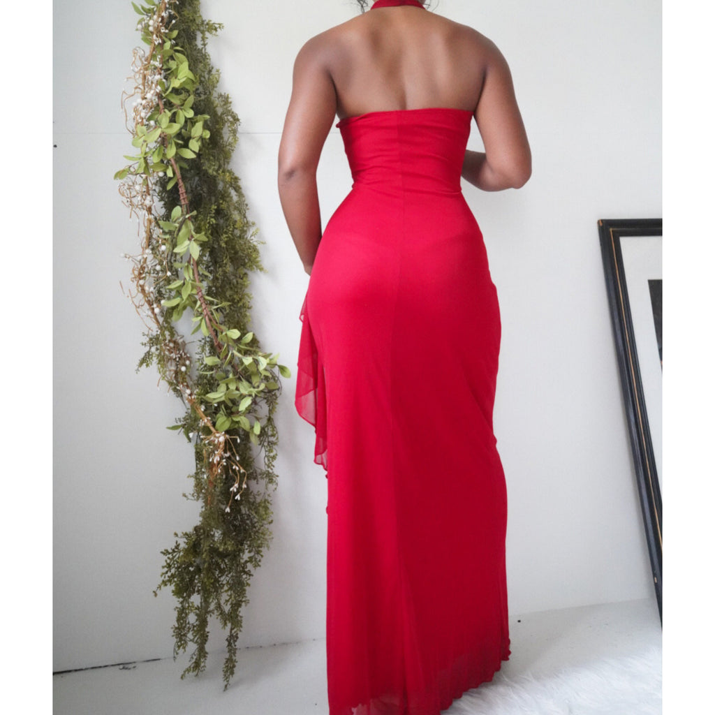 Red Halter Rhinestone Trim Gown
