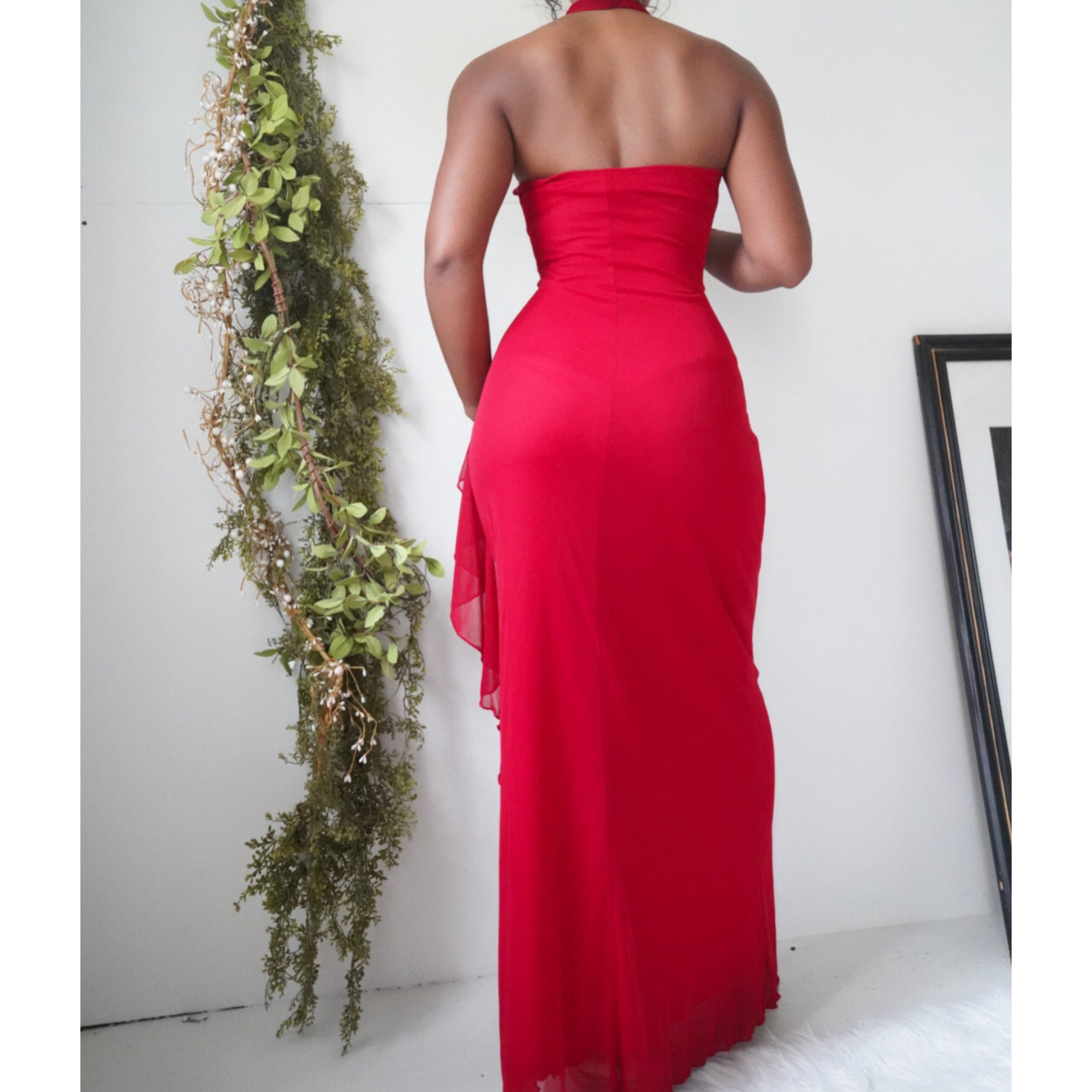 Red Halter Rhinestone Trim Gown