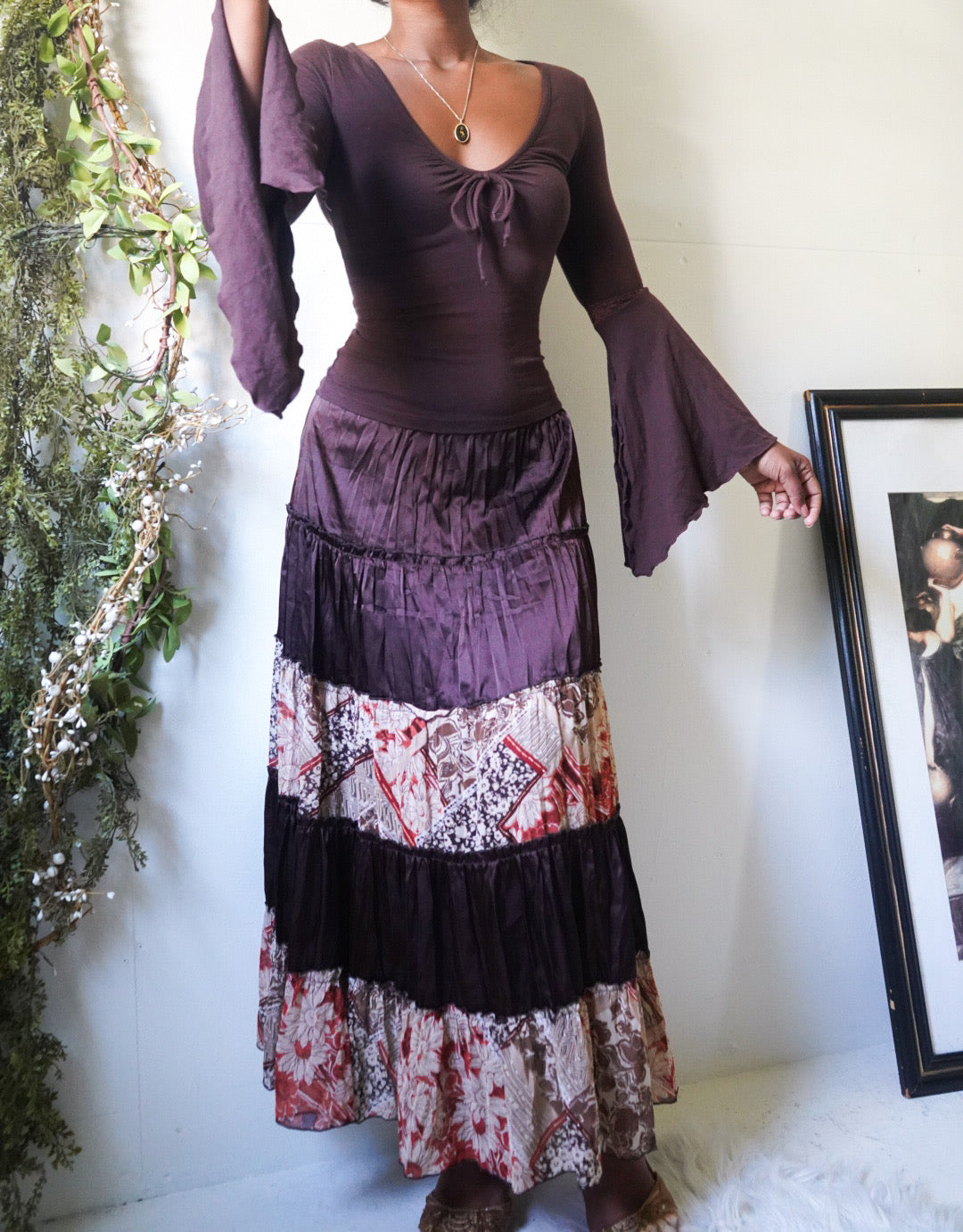 brown-satin-boho-tiered-maxi-skirt-image