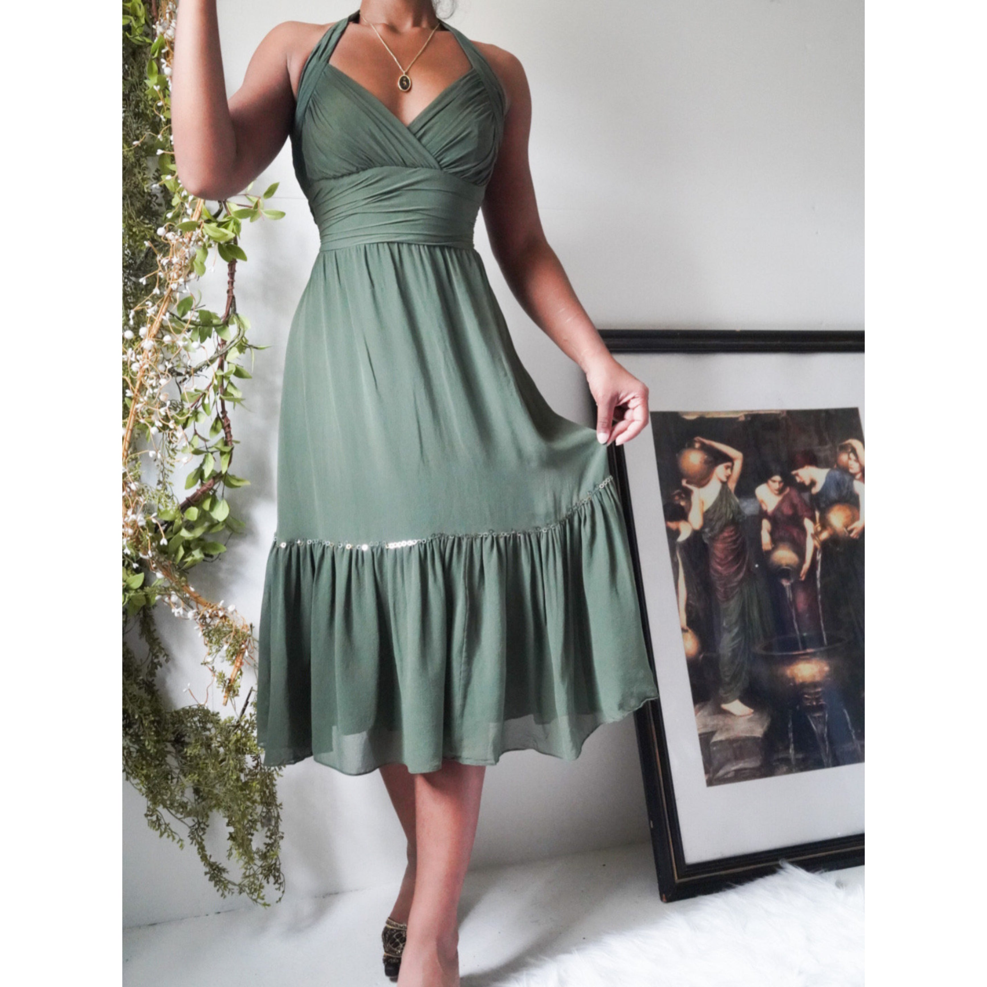Olive Silk Halter Boho Dress