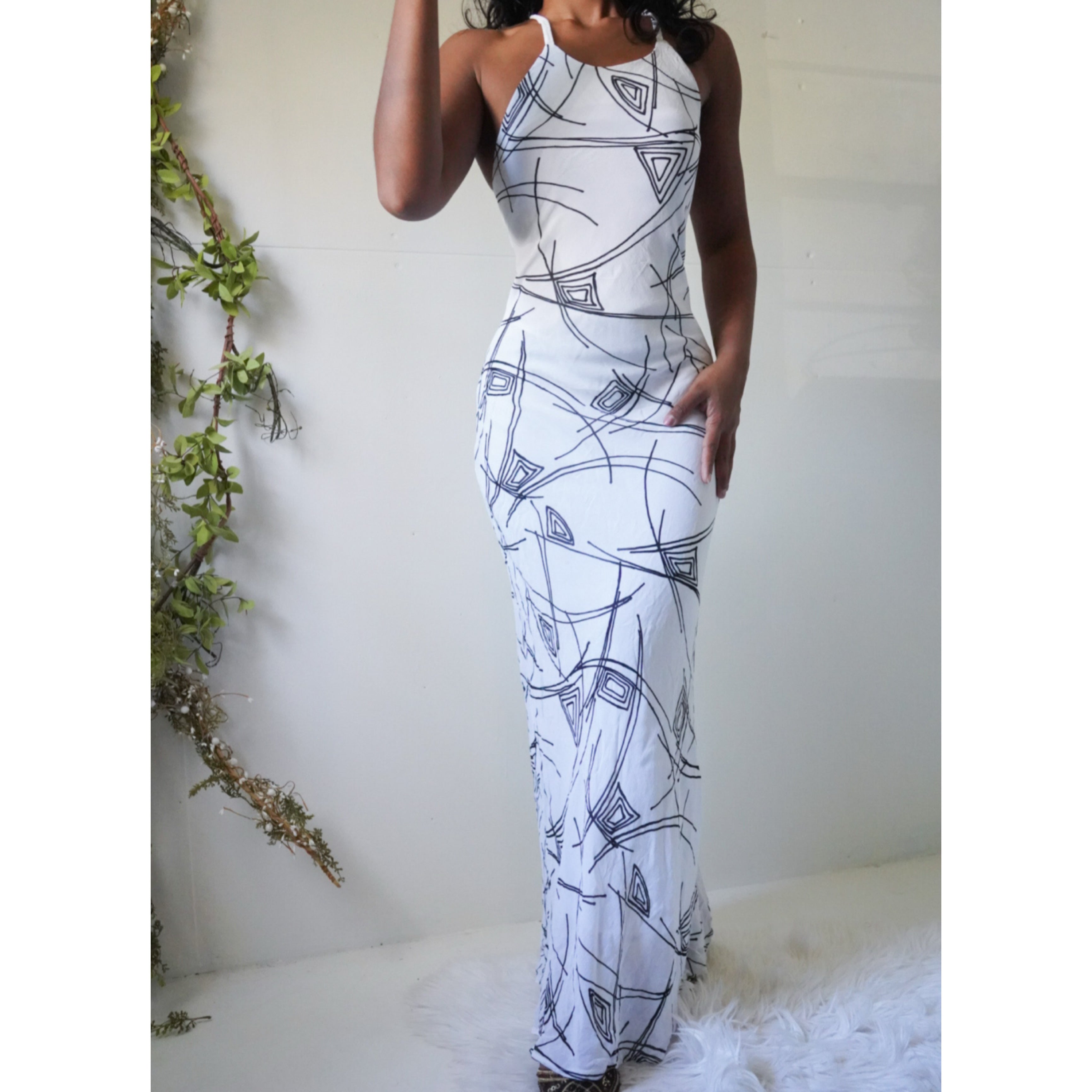 90’s Monochrome Abstract Bias Maxi Dress