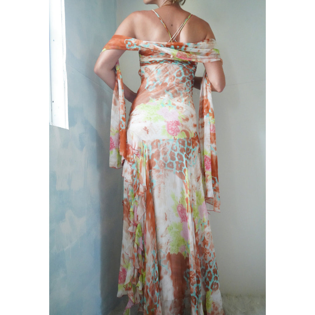 Rare Beaded Animal Print Watercolor Gown with Sash