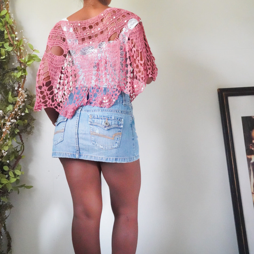 Rare Pink Crochet Knit Sequin Poncho
