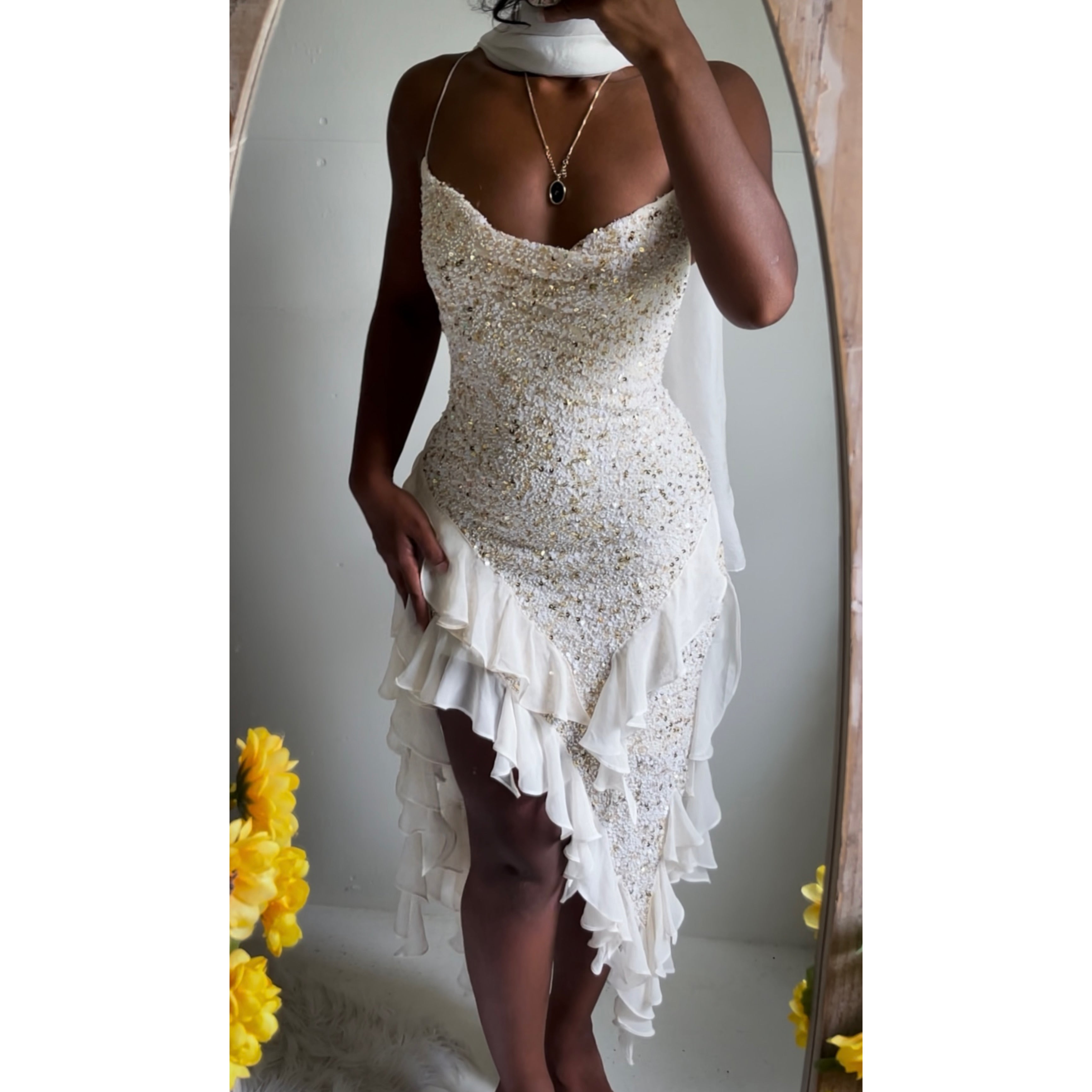 Rare Cream and Gold Beaded Ruffle Fairy Dress