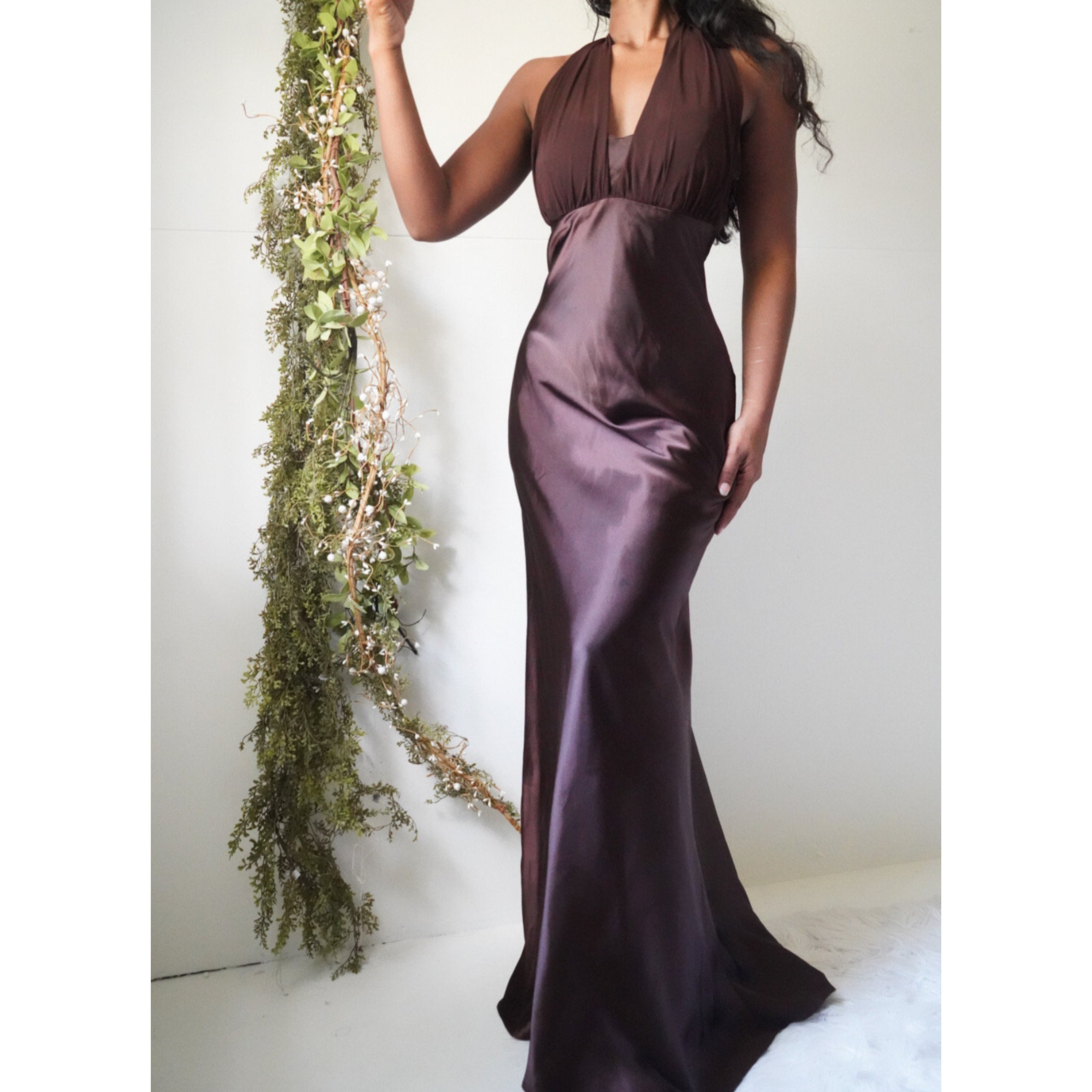 Chocolate Brown Satin Halter Gown