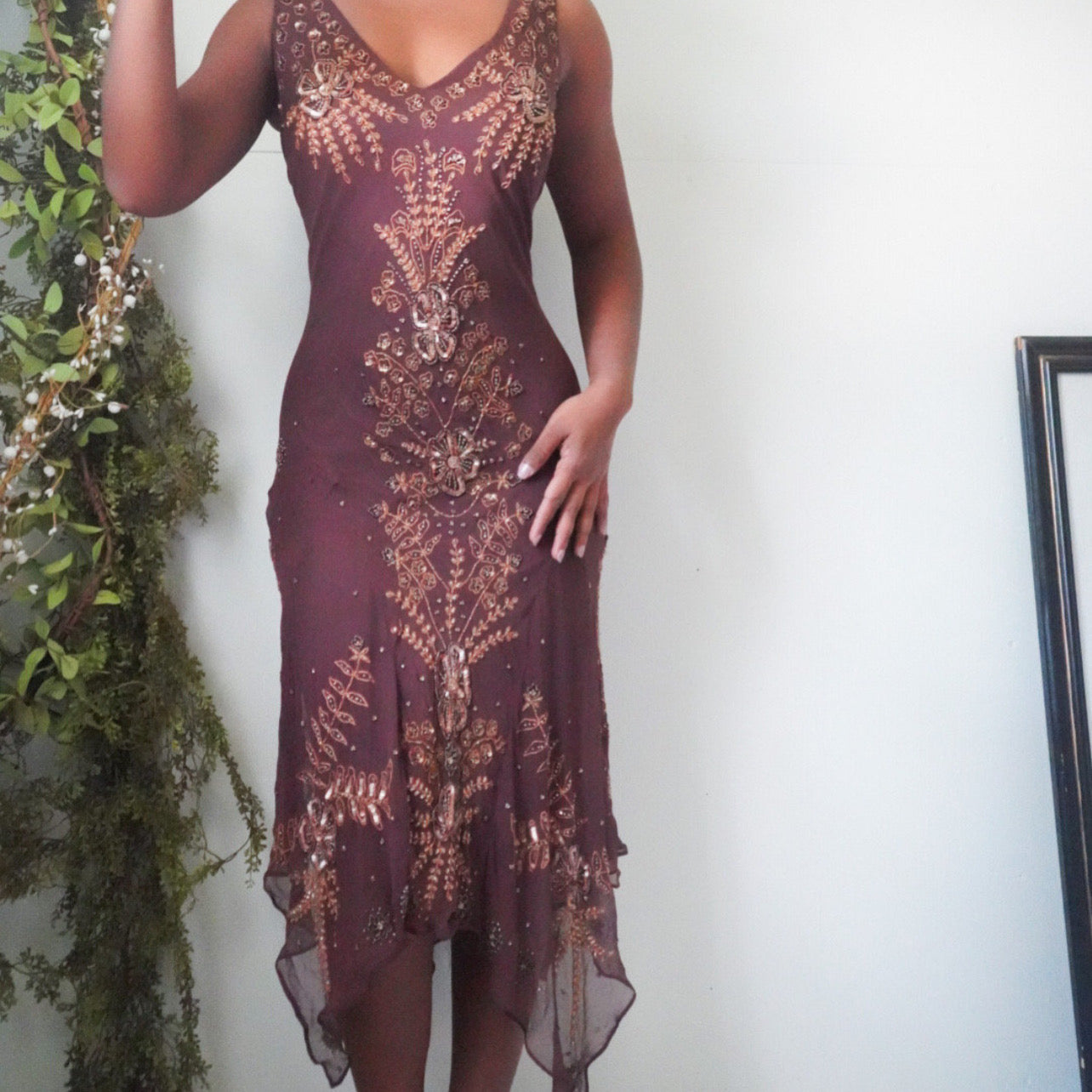 Brown Silk Dress with Gold Beading