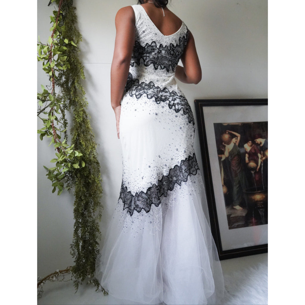 Y2K Beaded Monochrome Tulle Hem Gown