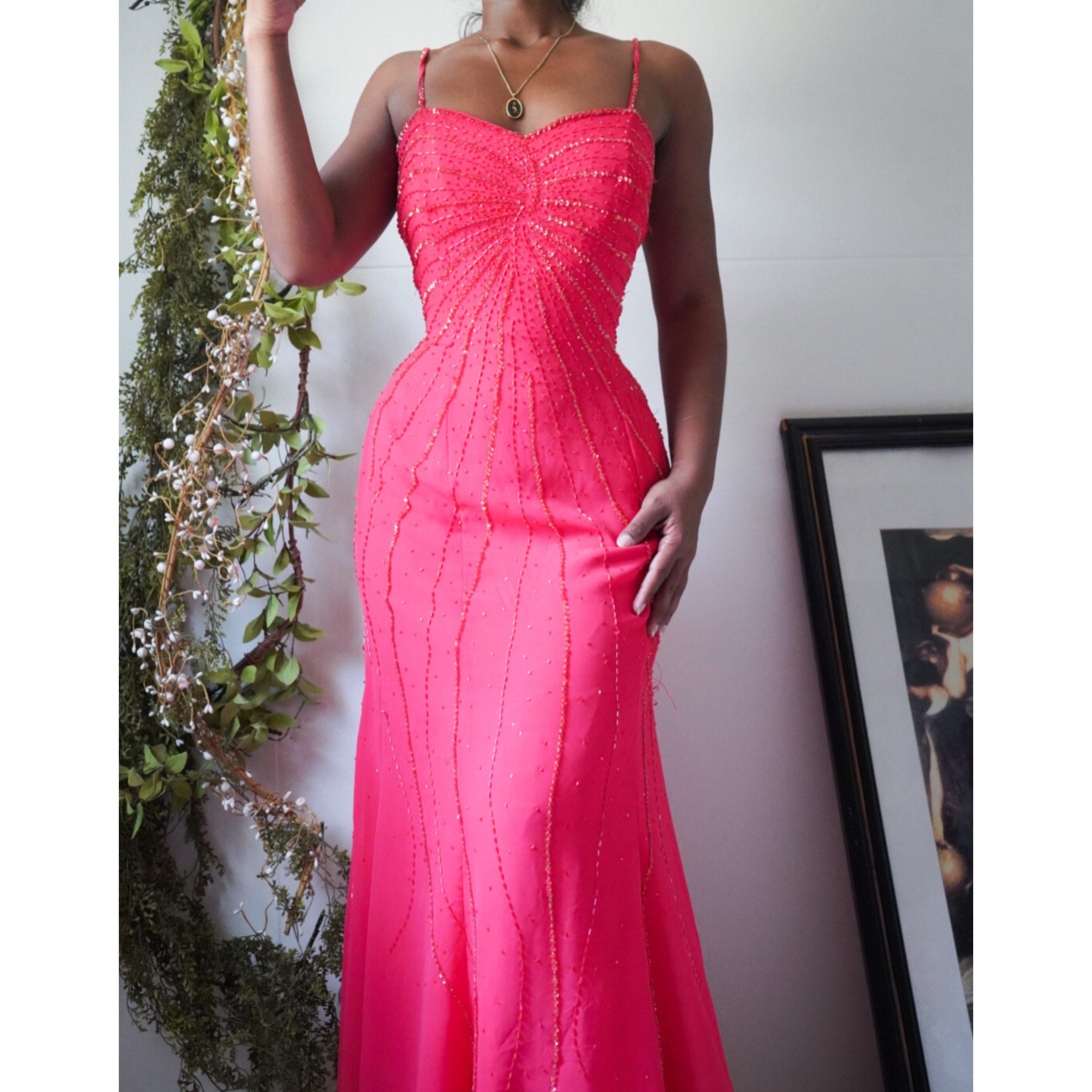 Bright Coral Beaded Silk Gown