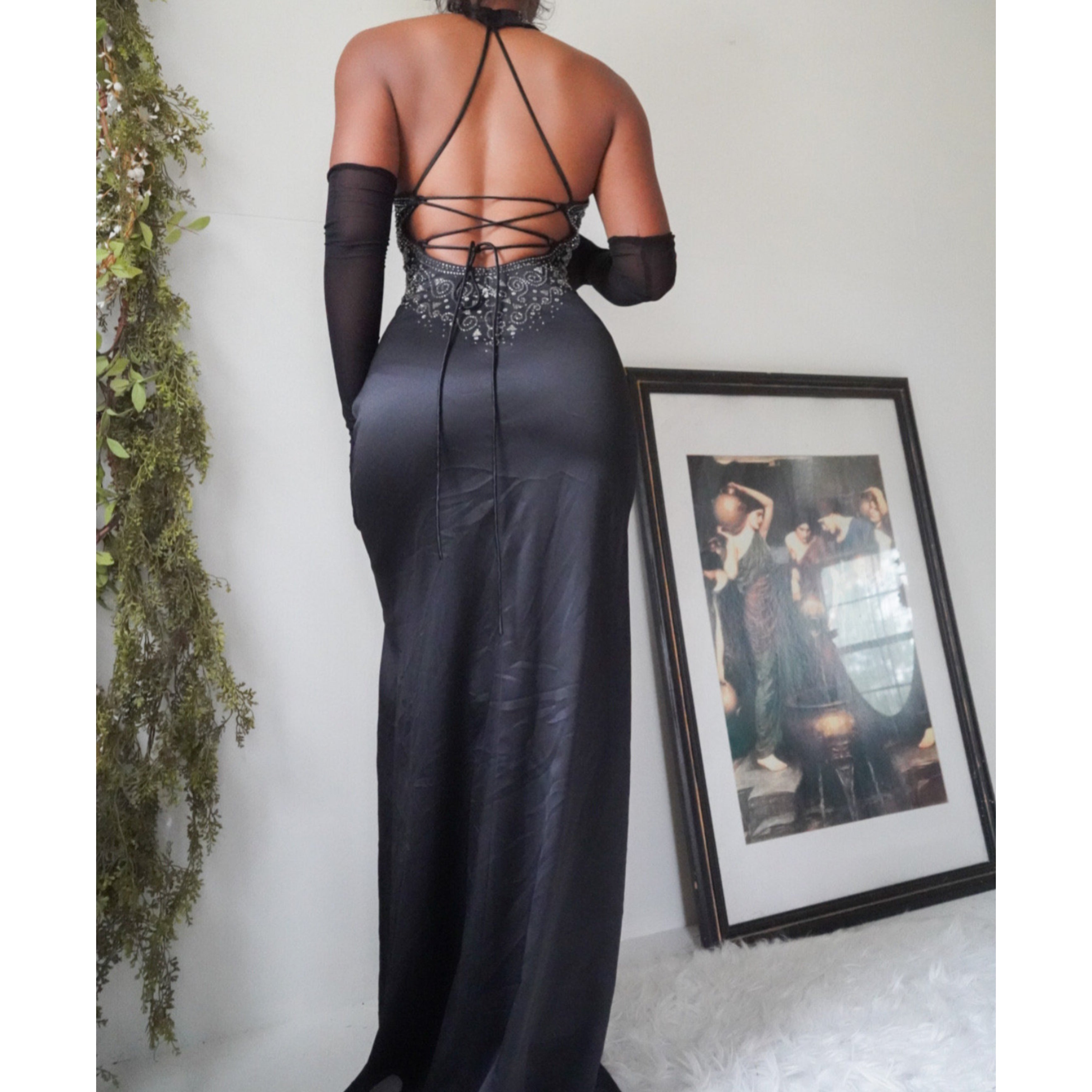 Black Beaded Halter Low Back Gown