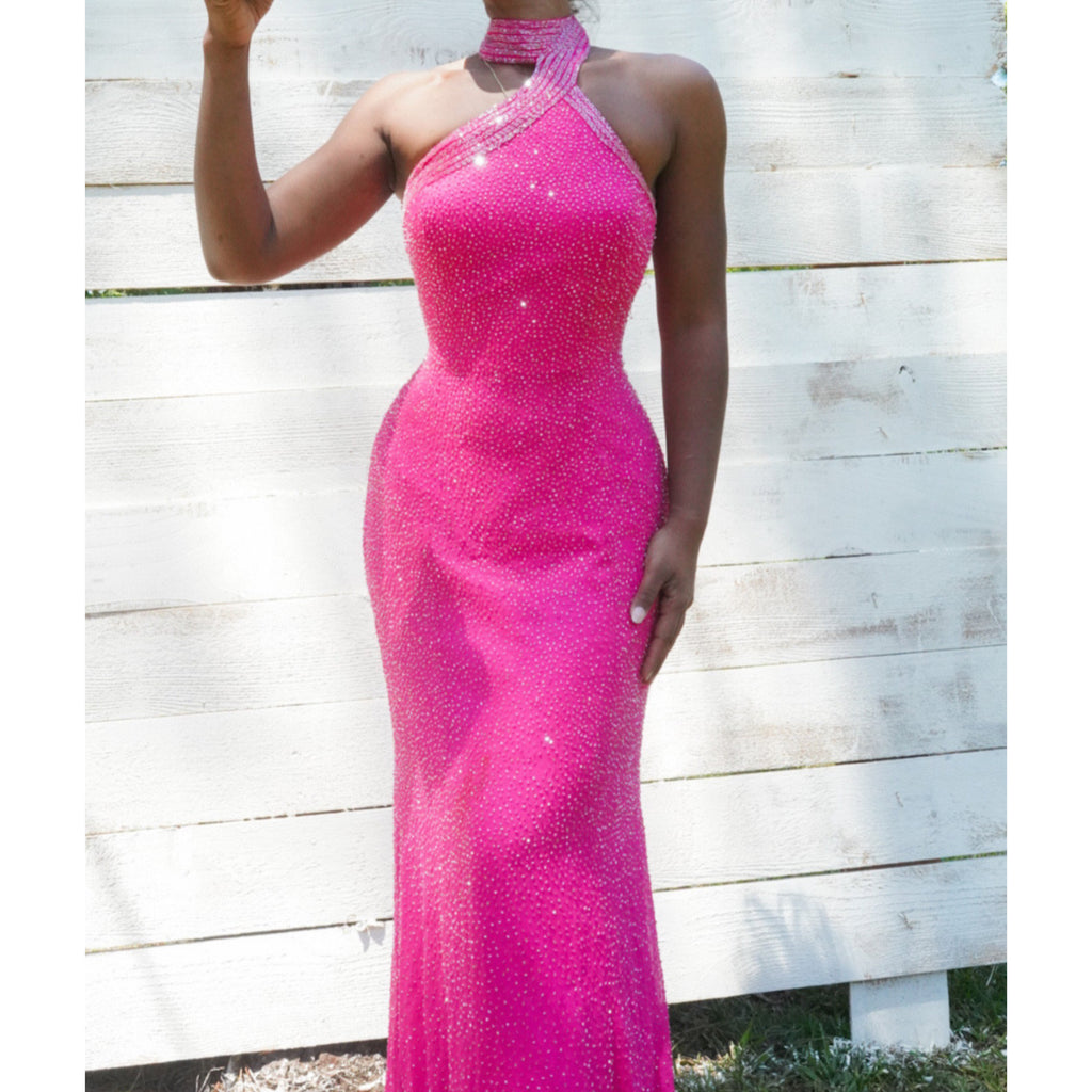 Bright Pink Beaded Silk Asymmetrical Neckline Gown
