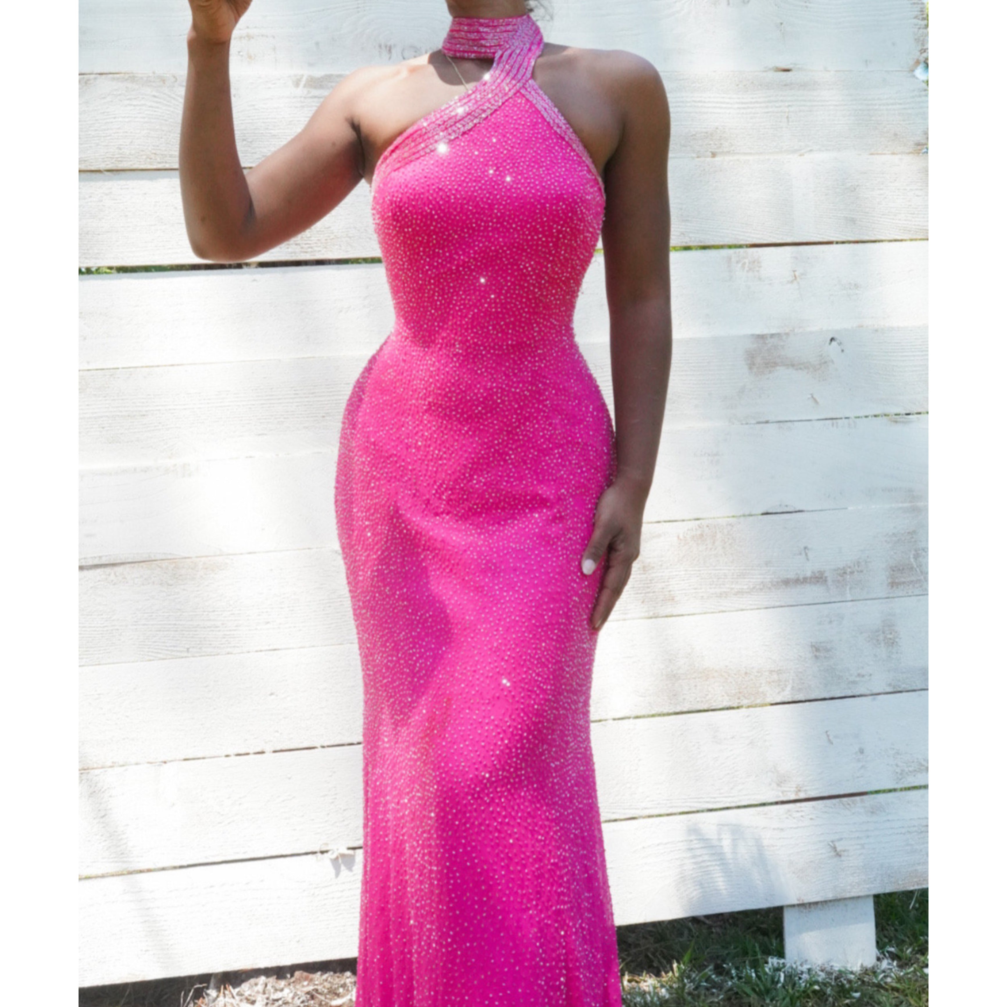 Bright Pink Beaded Silk Asymmetrical Neckline Gown