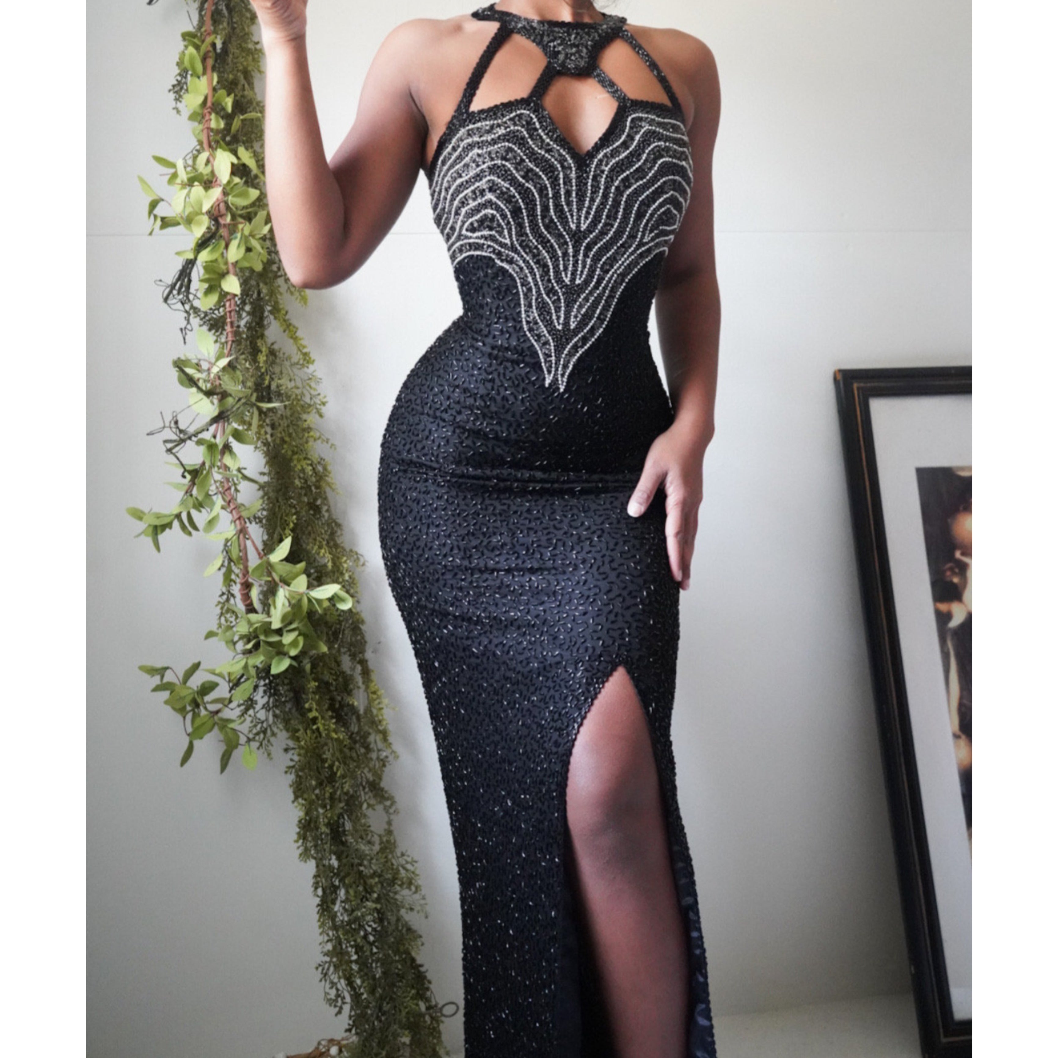 90’s Fully Beaded Black Silk Gown