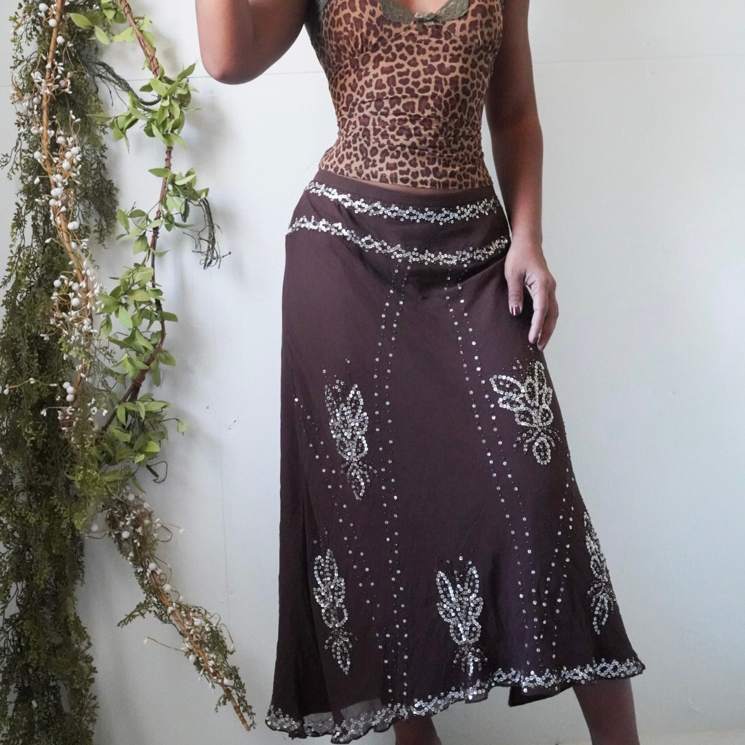 Boho Silk Sequin Midi Skirt