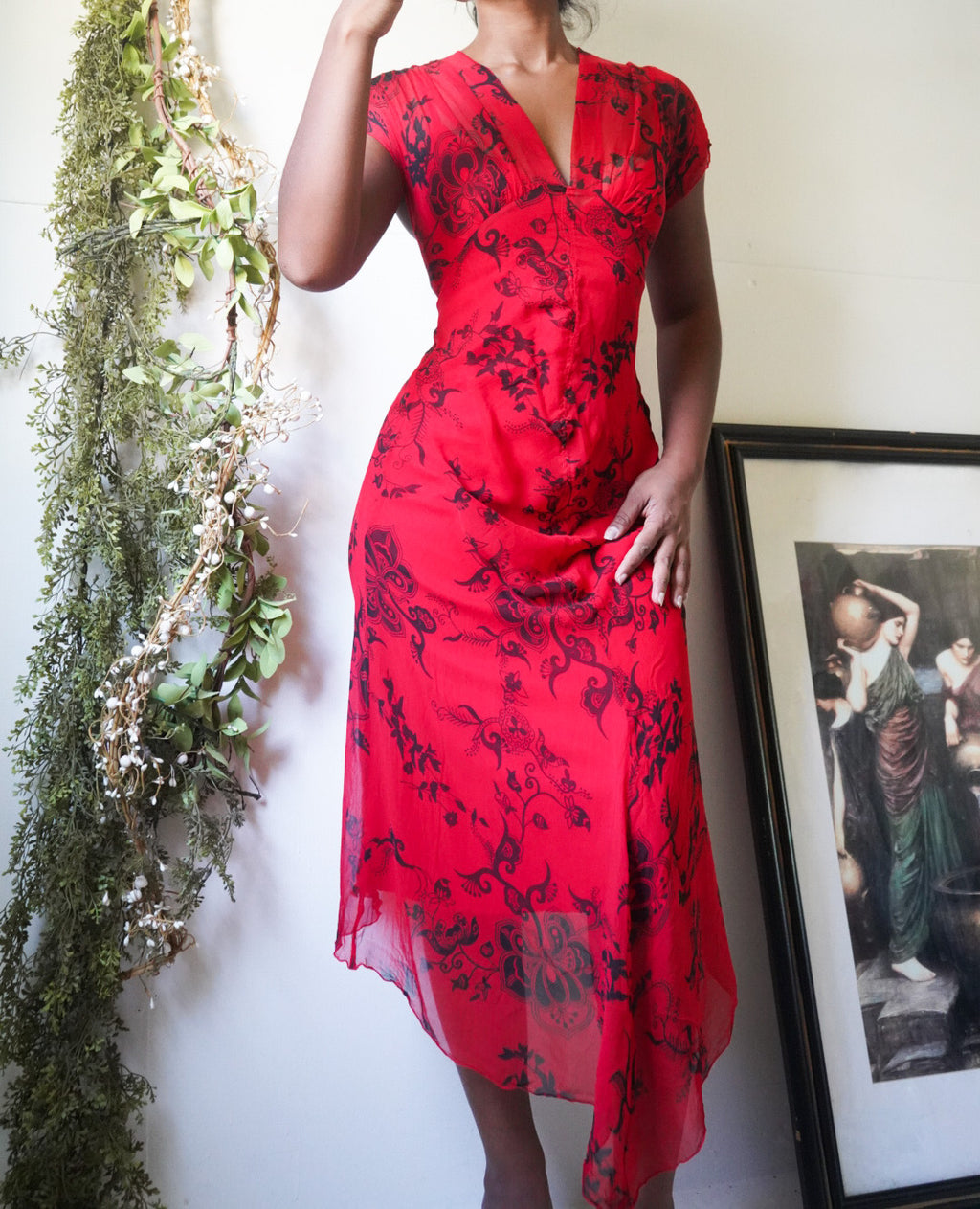 Red and Black Paisley Bias Silk Dress