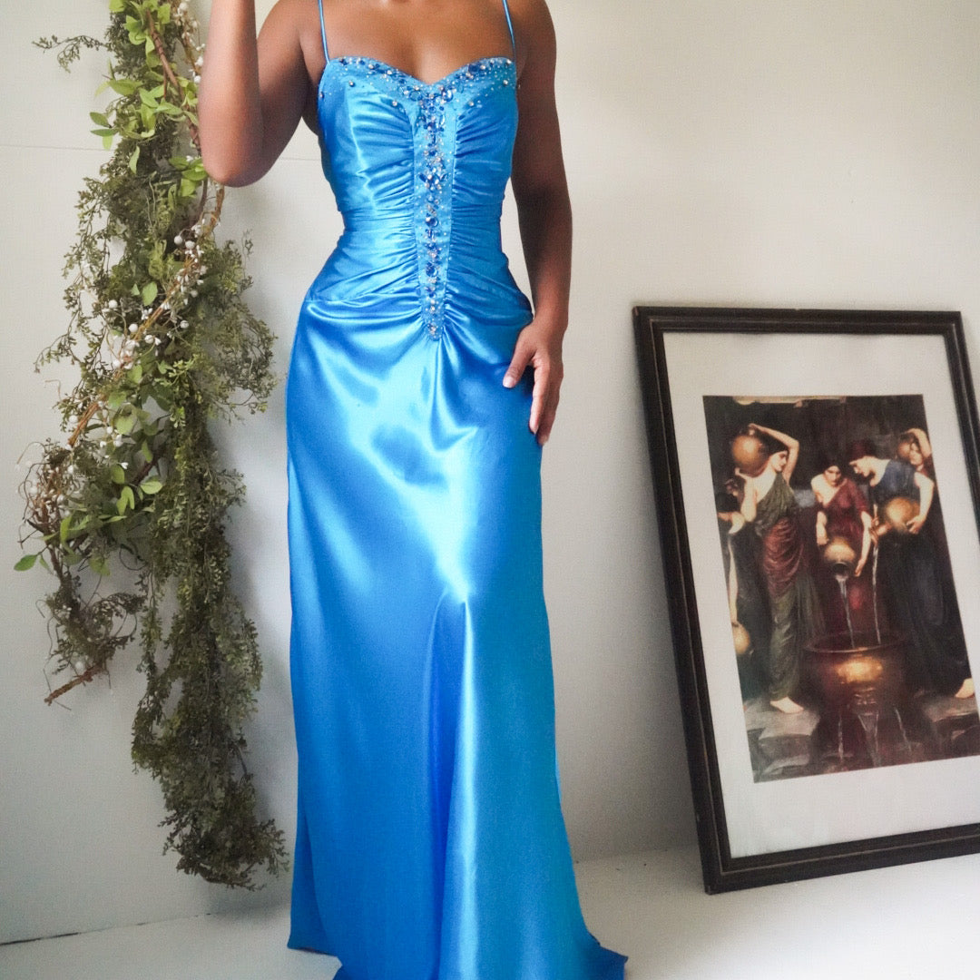 blue-satin-ruched-jewel-gown-image