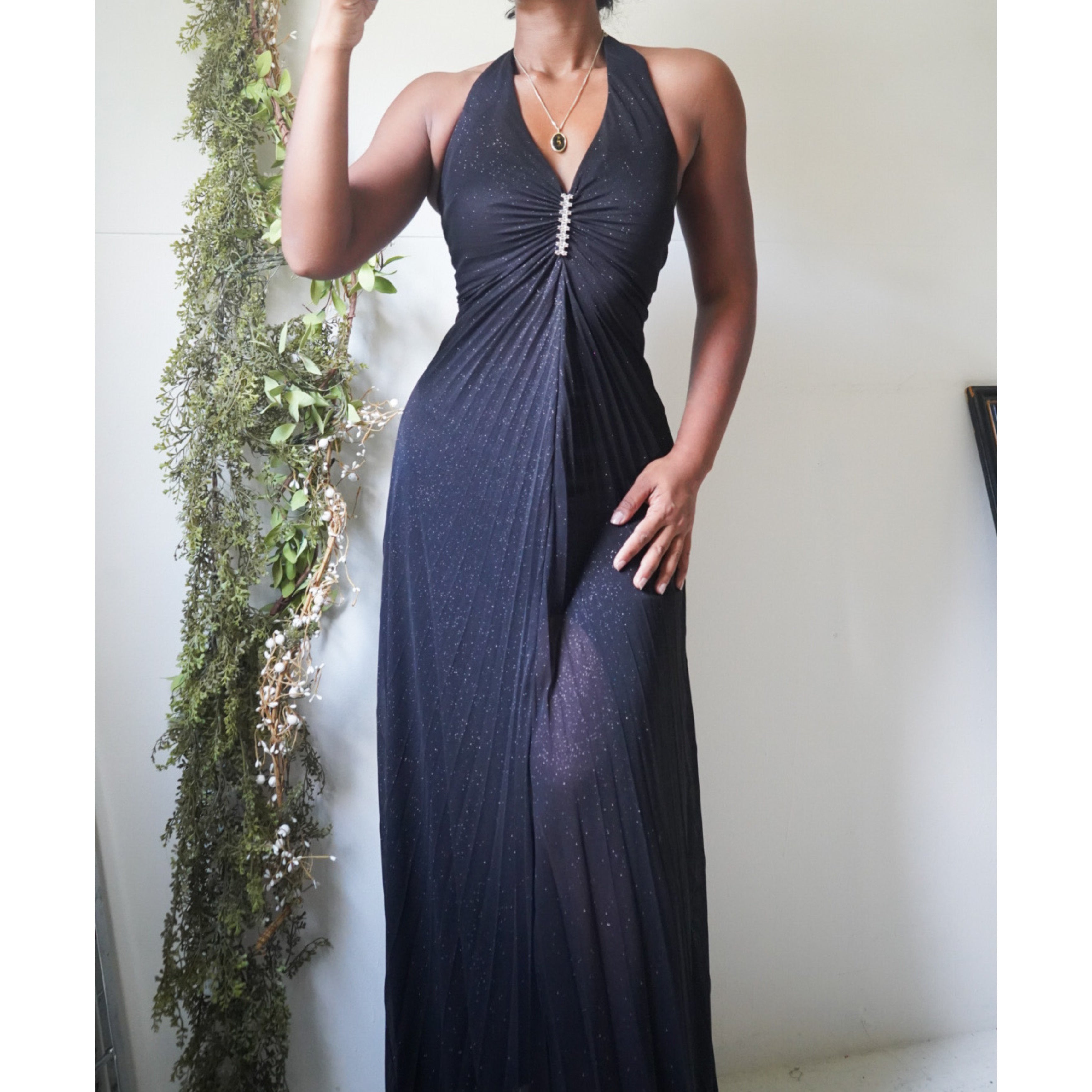 Black Glitter Pleat Halter Gown