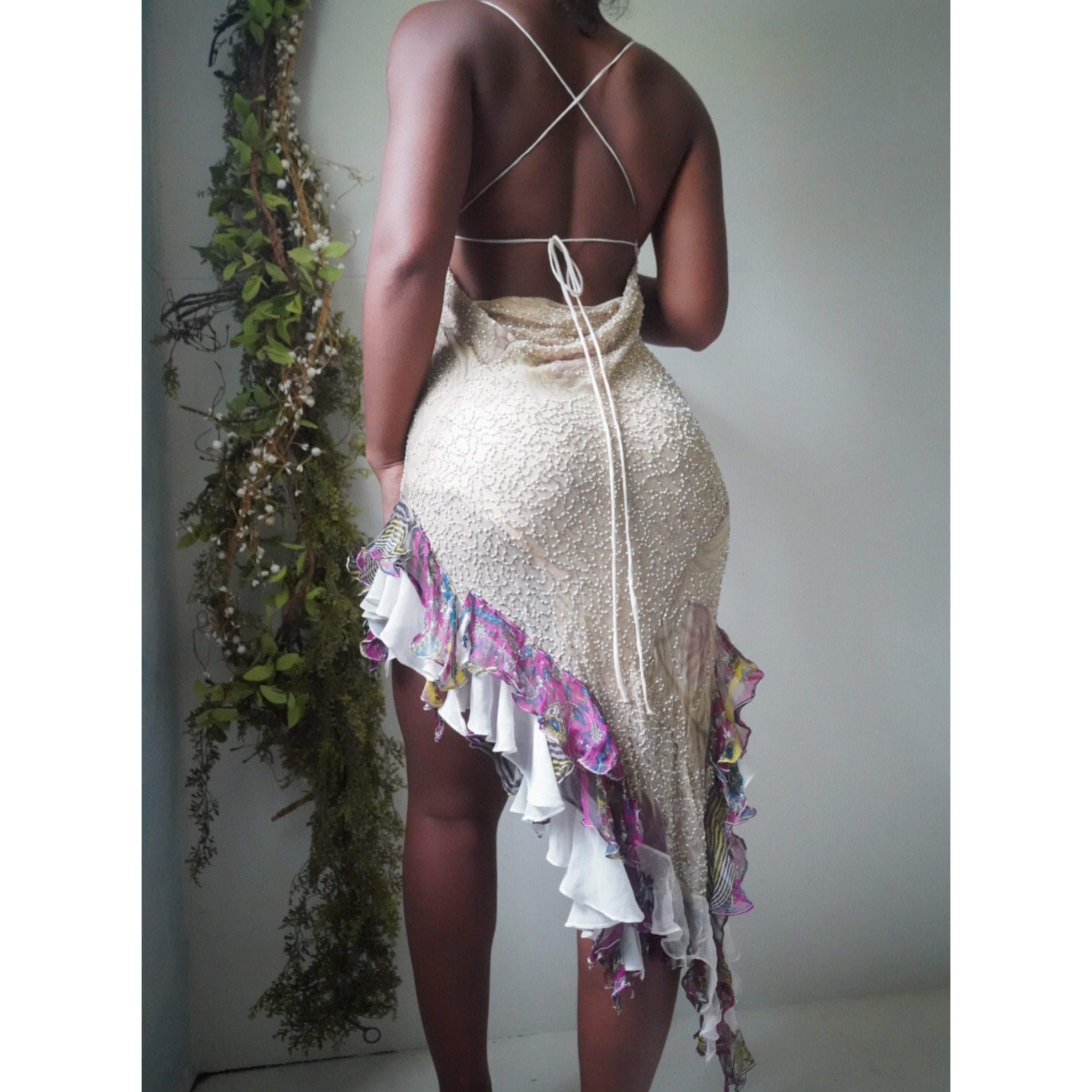 Tan Beaded Silk Fairy Asymmetric Dress