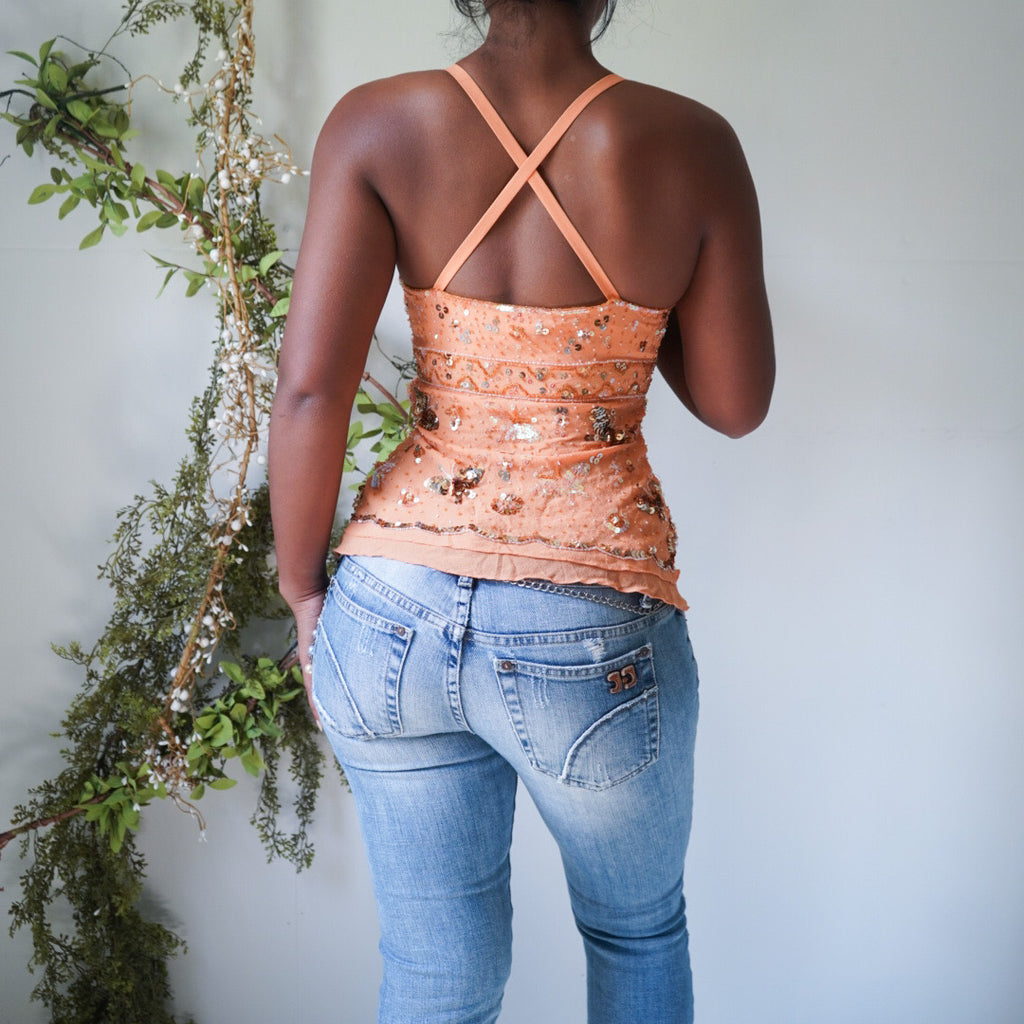 Y2K Silk Beaded Butterfly Sequin Cami