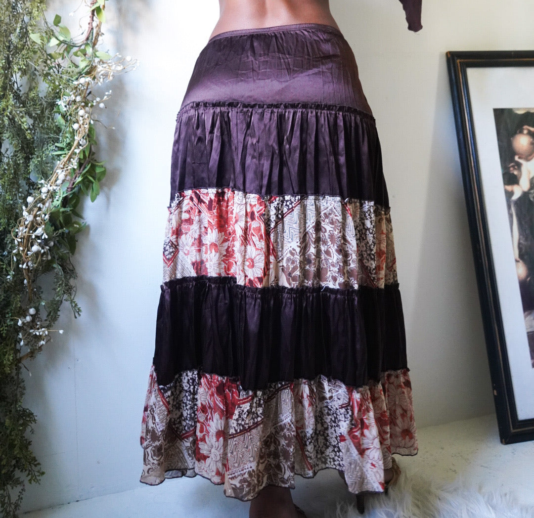 Brown Satin Boho Tiered Maxi Skirt