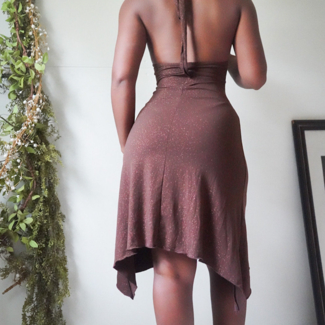 Brown Sparkle Halter Cowl Neck Dress