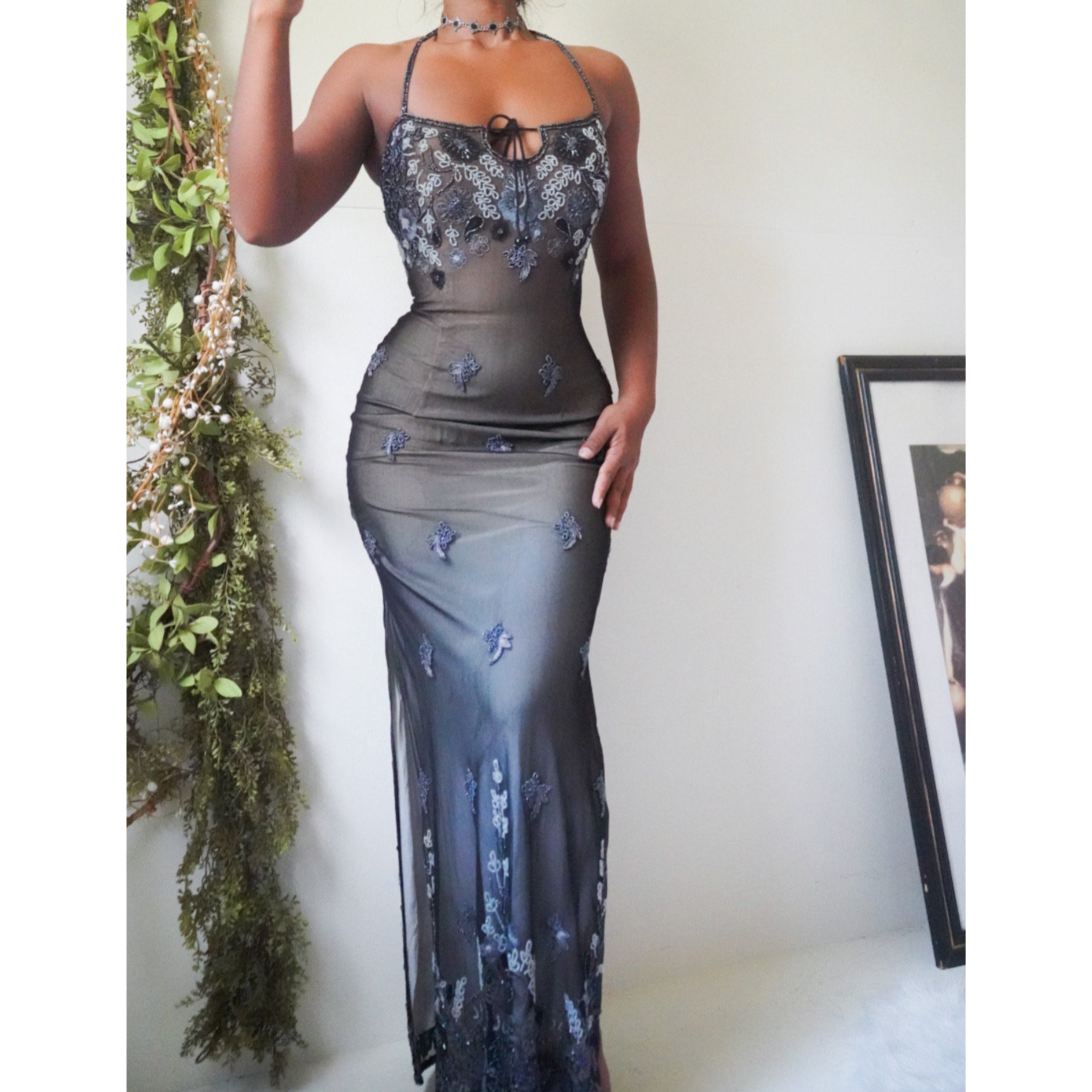 Beaded Layered Keyhole Gown