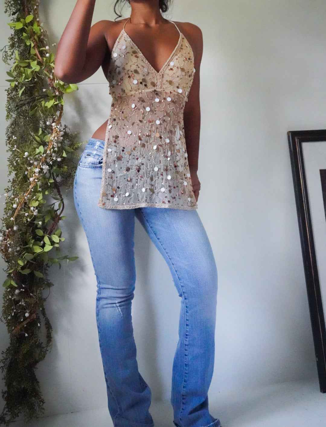 Y2K Gold Sequin Beaded Halter Tie Back Top