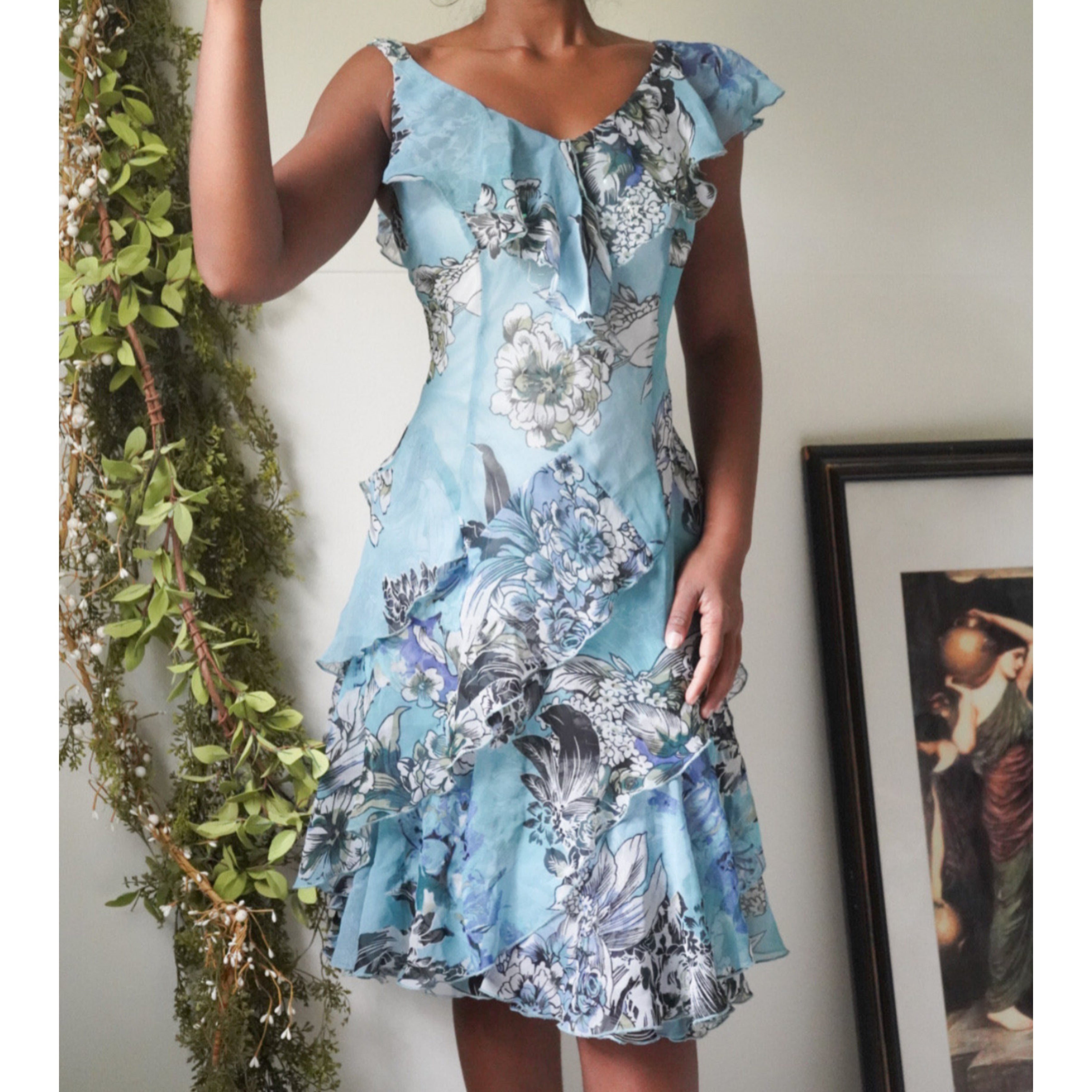 Blue Floral Ruffle Dress