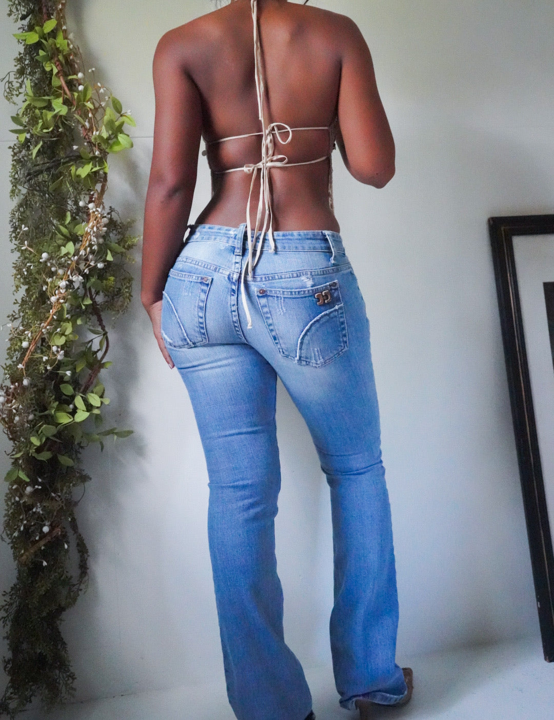 Y2K Gold Sequin Beaded Halter Tie Back Top