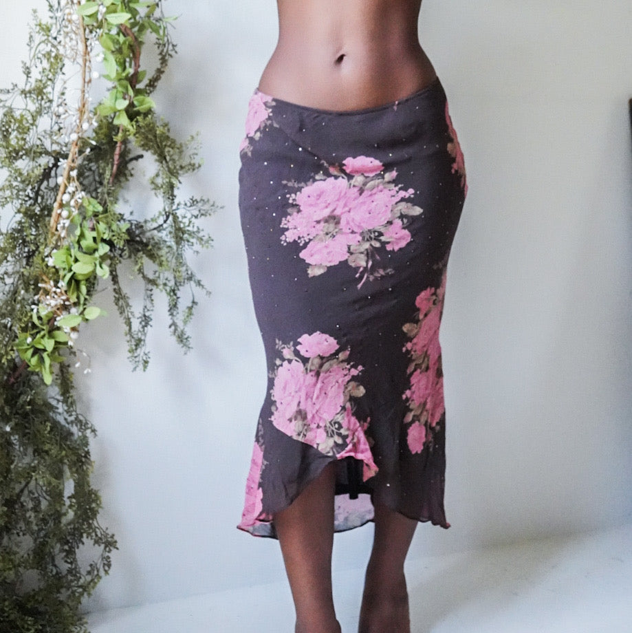 Chocolate and Pink Silk Floral Rhinestone Skirt