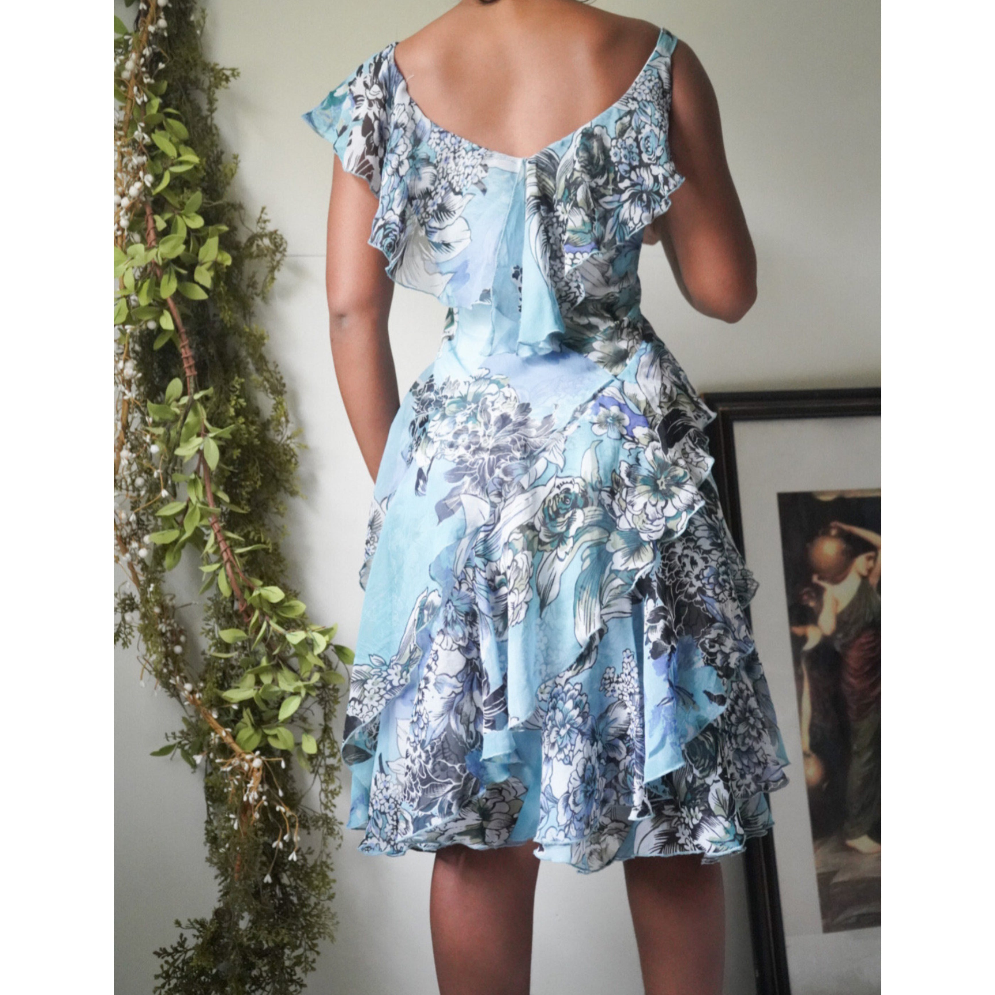 Blue Floral Ruffle Dress