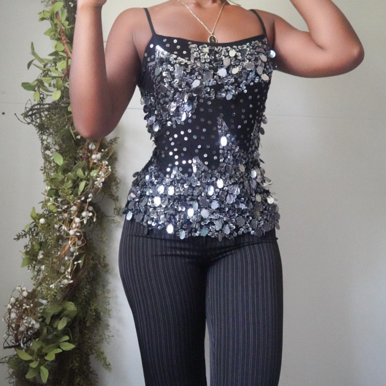 Black Sequin Mesh Cami