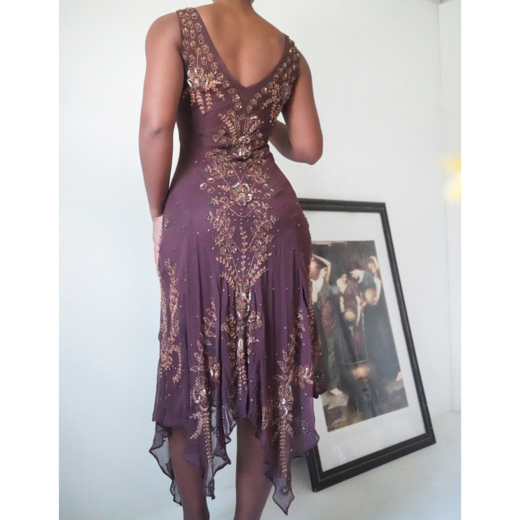 Brown Silk Dress with Gold Beading