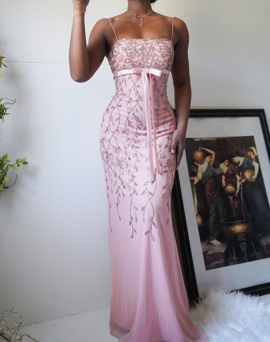 Peachy Pink Beaded Mesh Gown