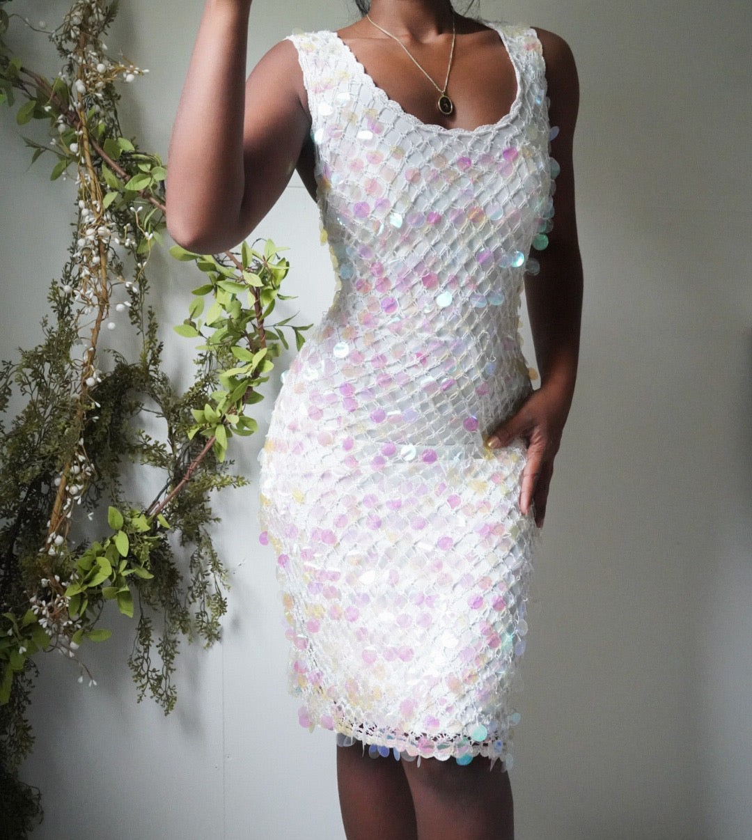 Y2K Iridescent Sequin Crochet Dress