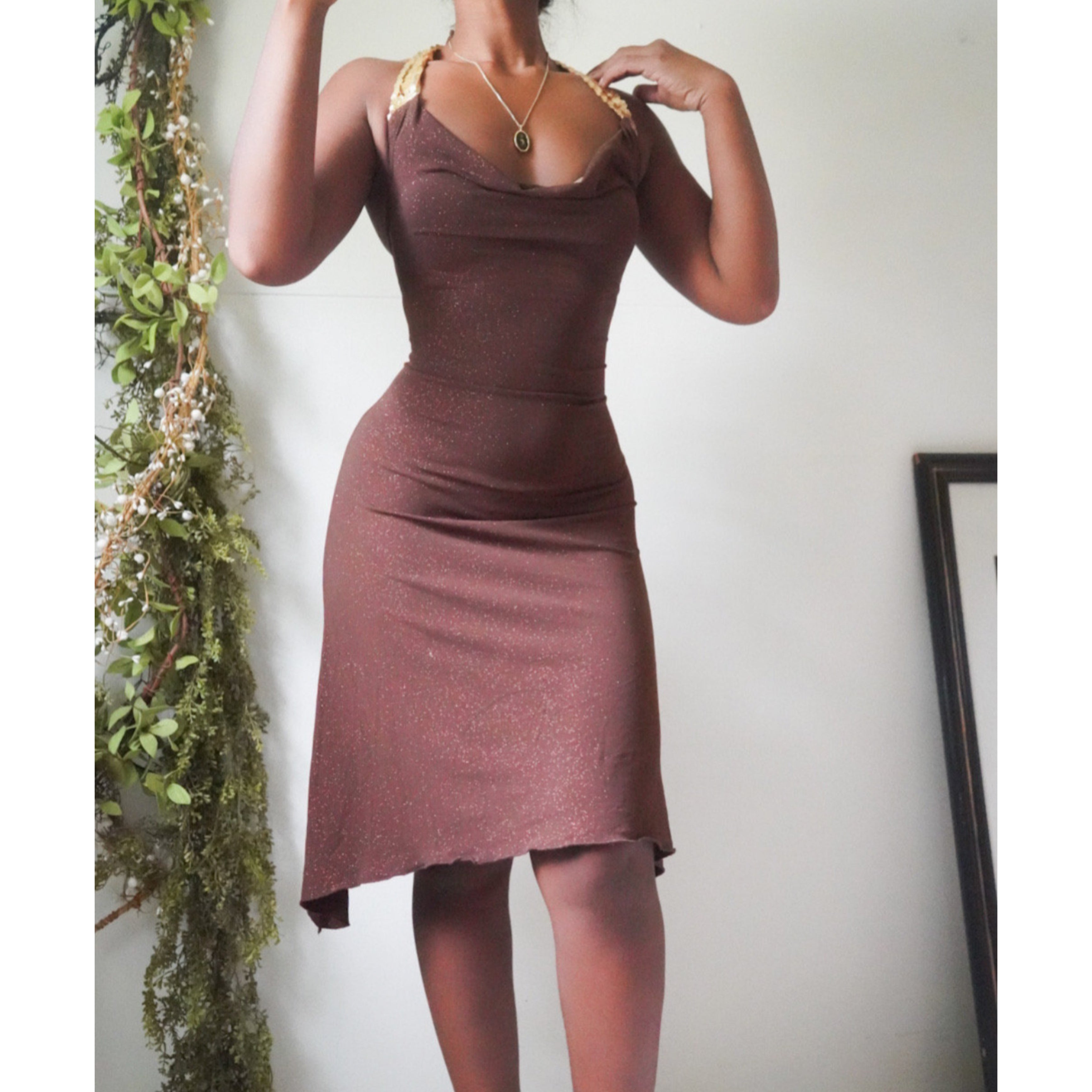 Brown Sparkle Halter Cowl Neck Dress