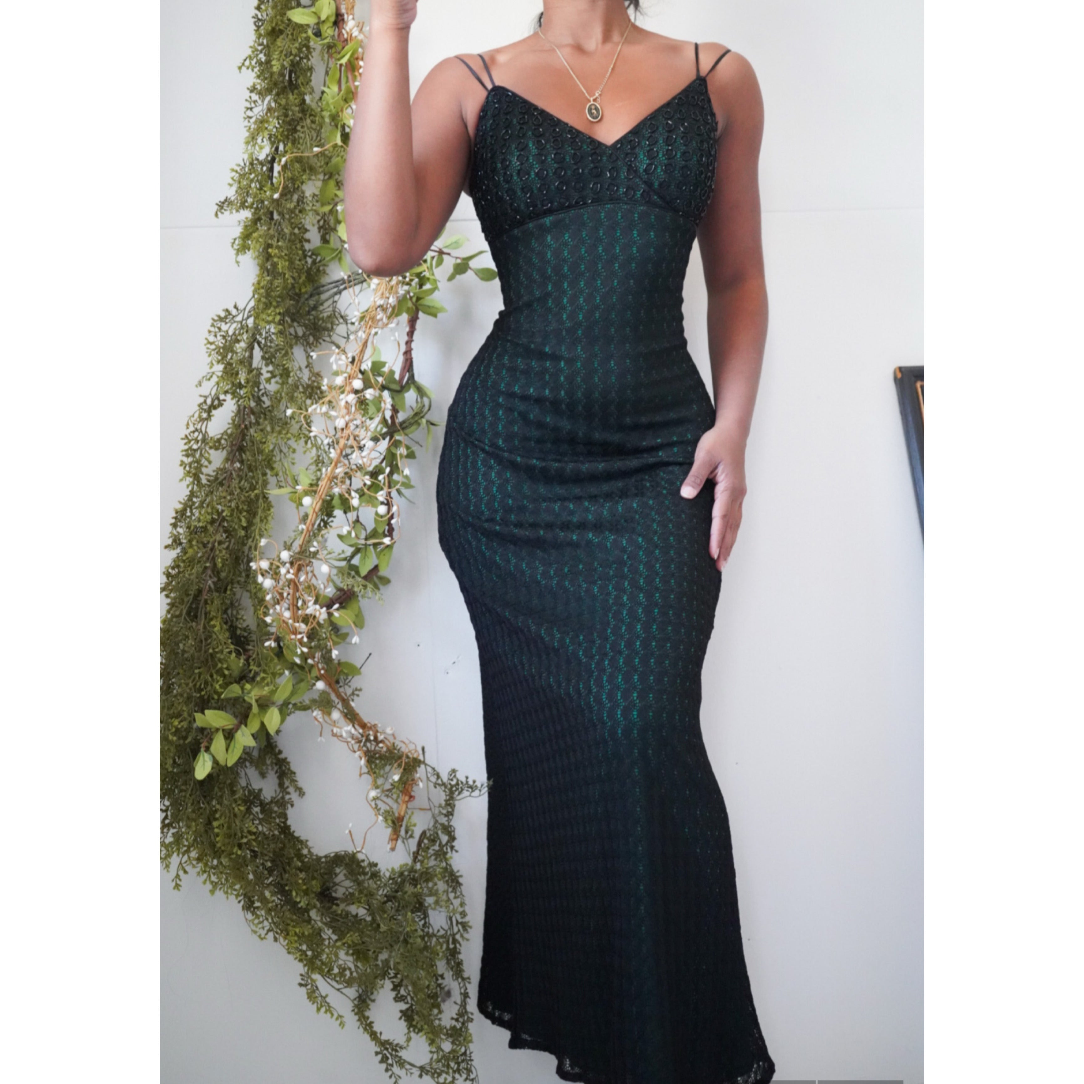 green-and-blacl-crochet-layer-gown-image