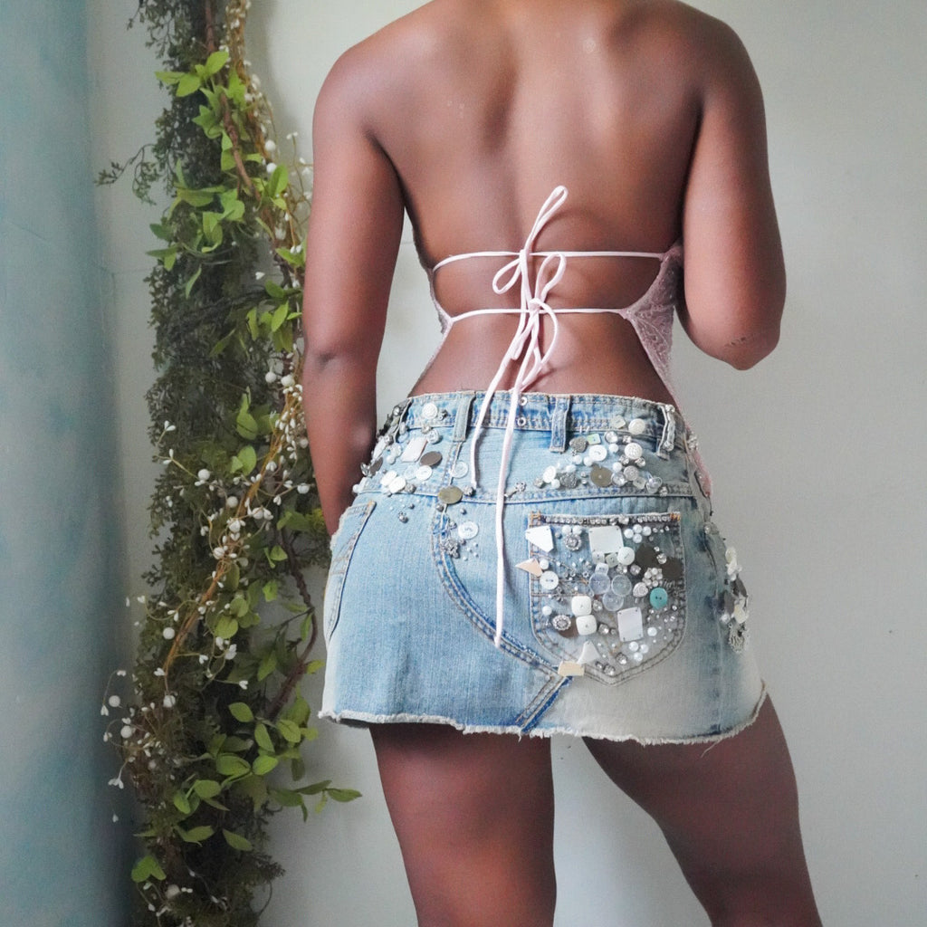 Y2K Pastel Pink Beaded Halter Tie Back Top